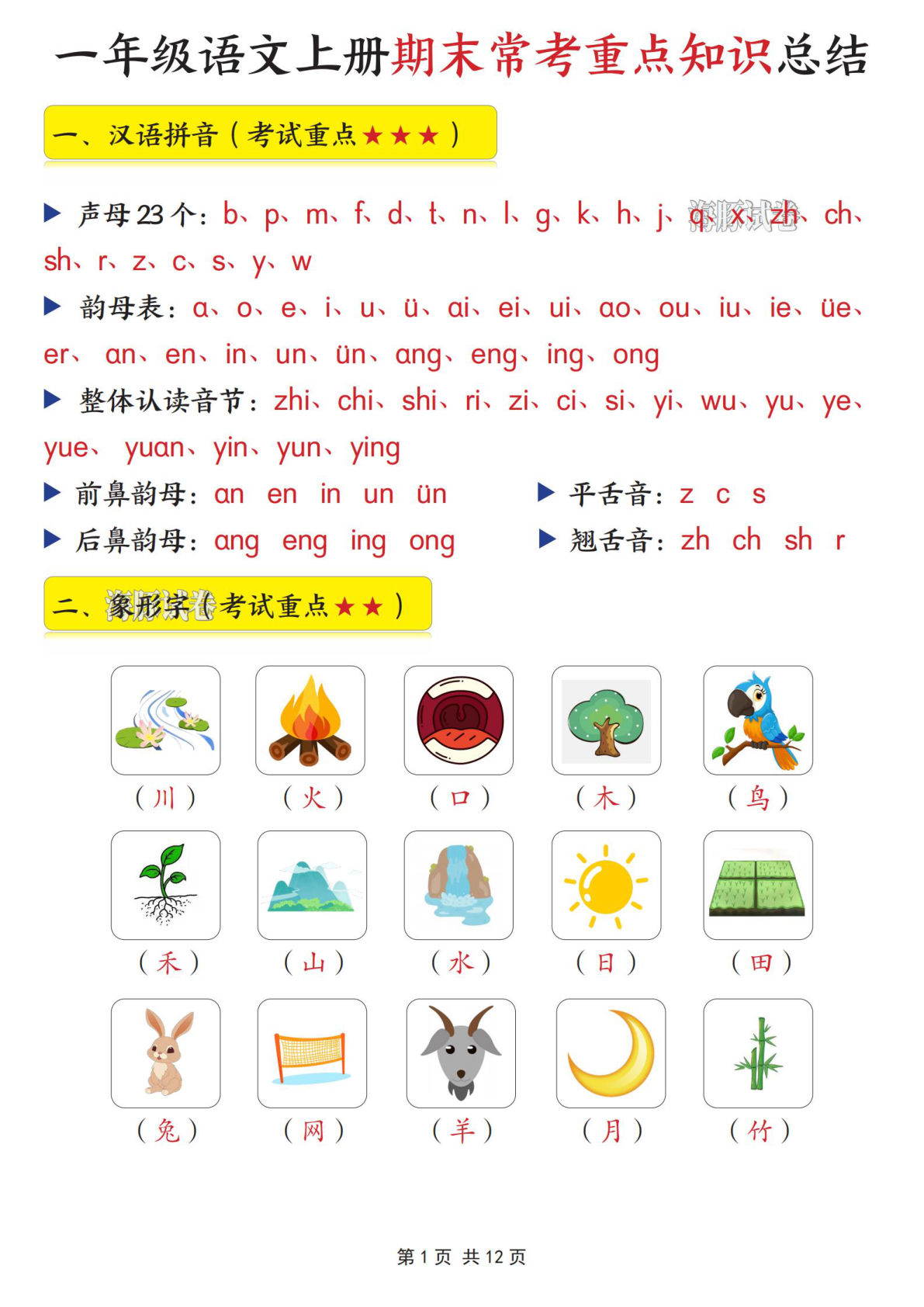 【海豚试卷】一年级上册语文期末常考重点知识总结