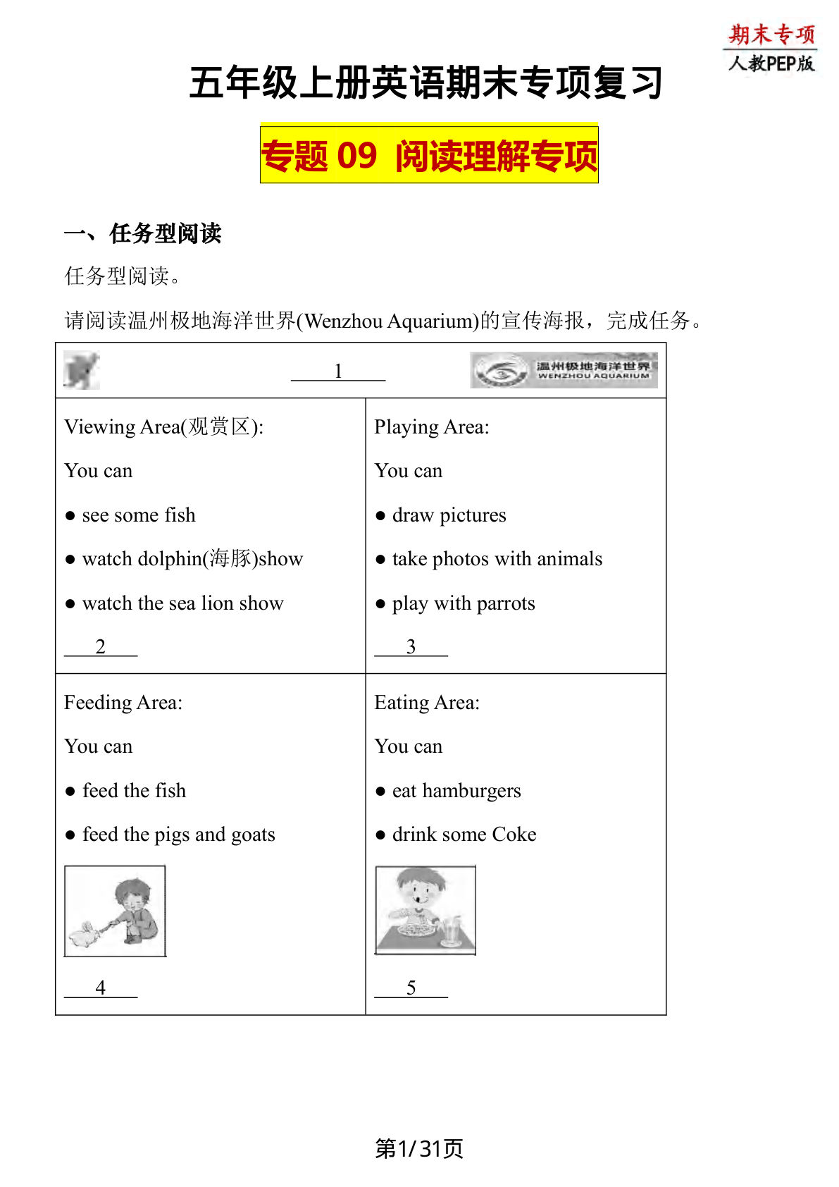 五年级上册人教PEP版英语【期末专项复习-专题09 阅读理解】