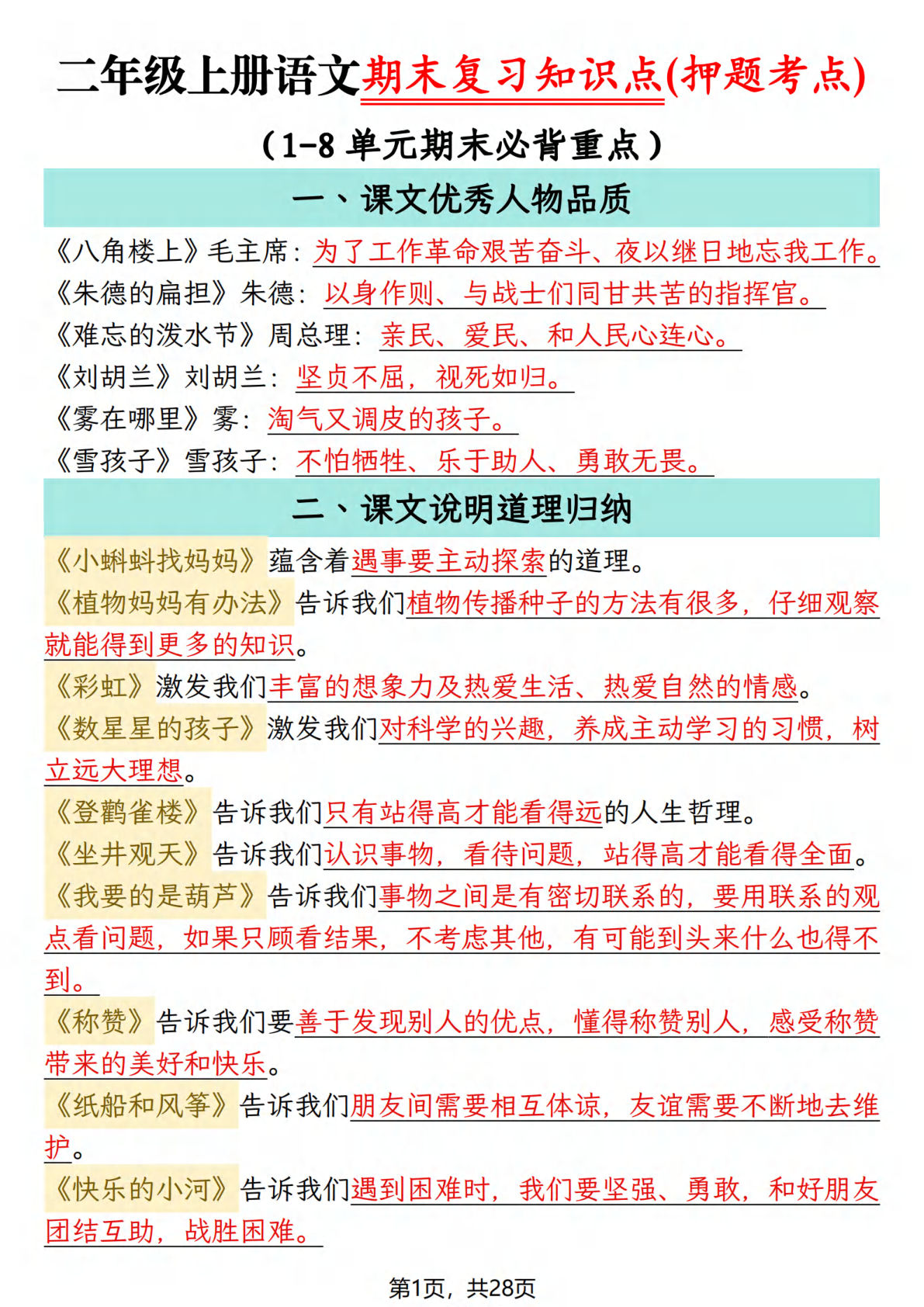 【25秋二年级上册语文期末复习知识点(押题考点)28页