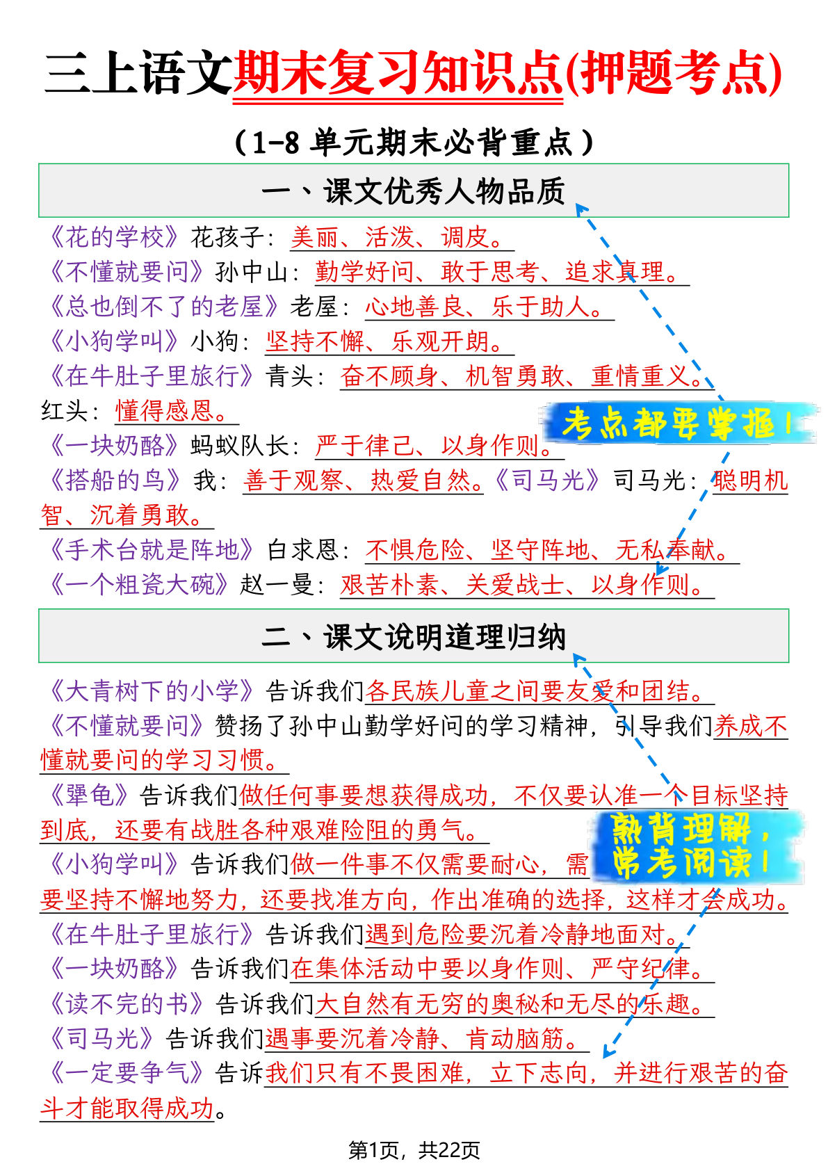 【25秋三年级上册语文期末复习知识点(押题考点)22页-鸡娃题库官网-永久免费分享小学教辅资源