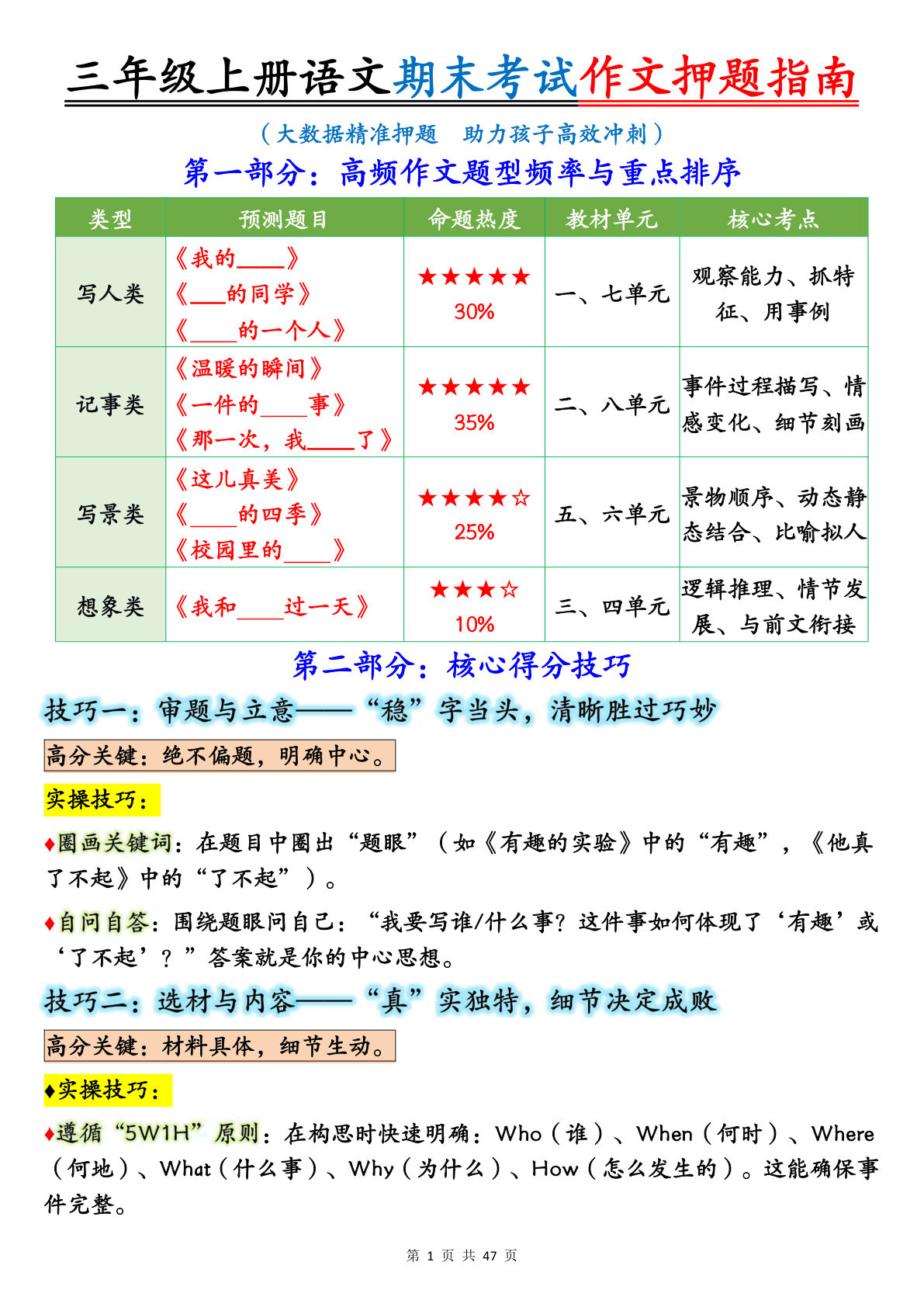 【25秋三年级上册语文期末考试作文押题写作指南+范文47页-鸡娃题库官网-永久免费分享小学教辅资源