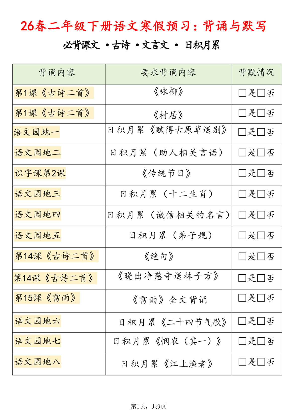 26春二年级下册语文寒假预习背诵与默写（必背课文、古诗、文言文、日积月累）9页-鸡娃题库官网-永久免费分享小学教辅资源
