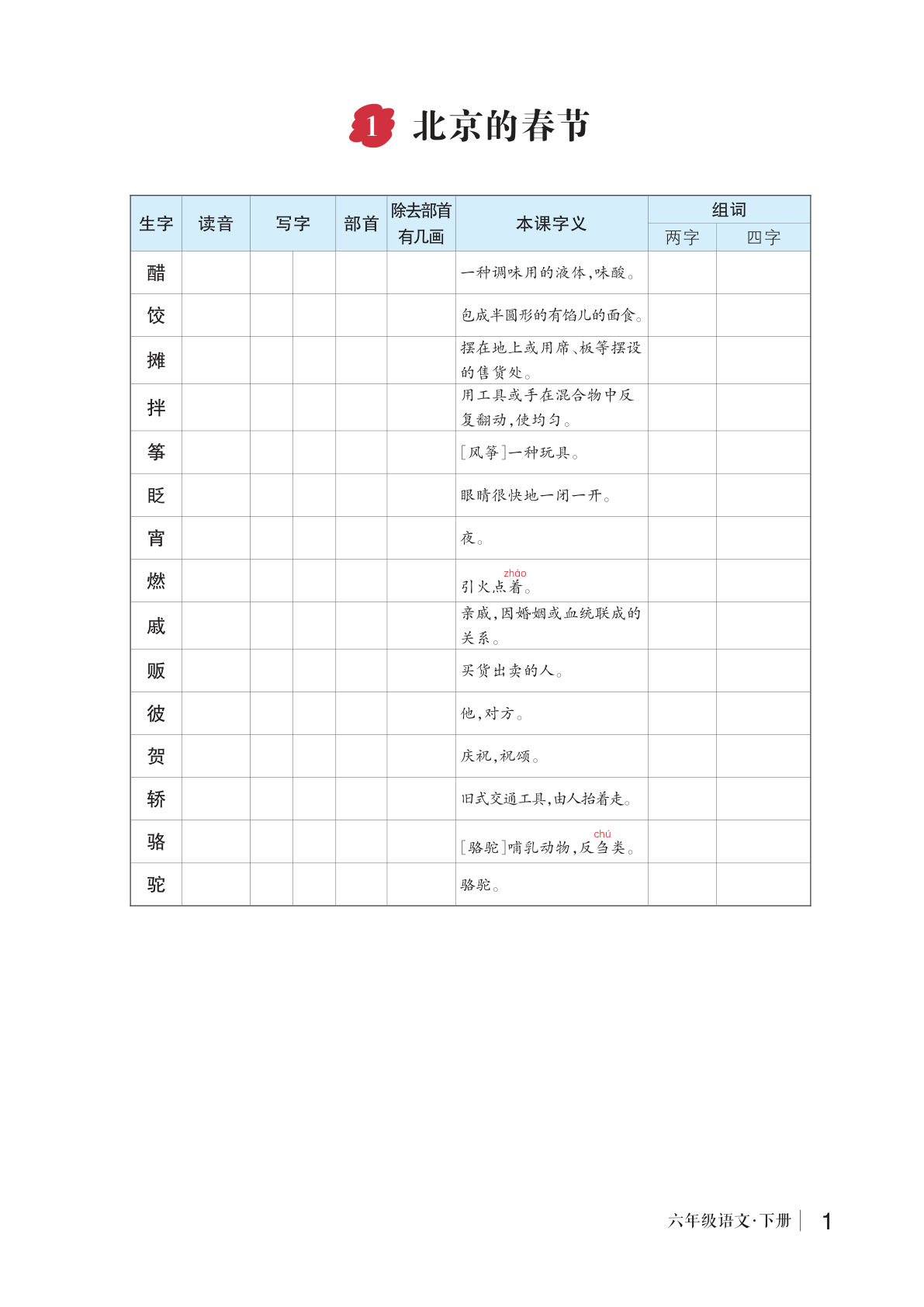 26春版六年级下册语文生字预习单-鸡娃题库官网-永久免费分享小学教辅资源