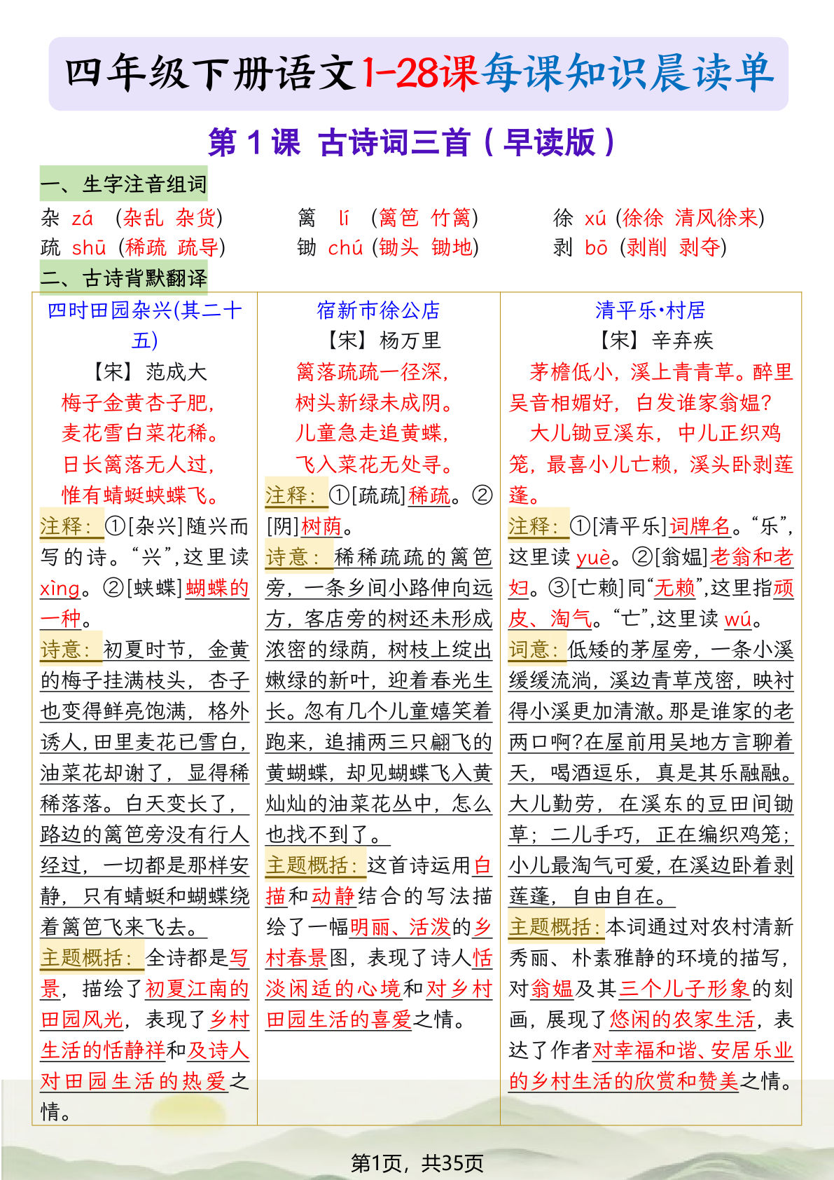 四年级下册语文1-28课每课知识晨读单（35页）-鸡娃题库官网-永久免费分享小学教辅资源