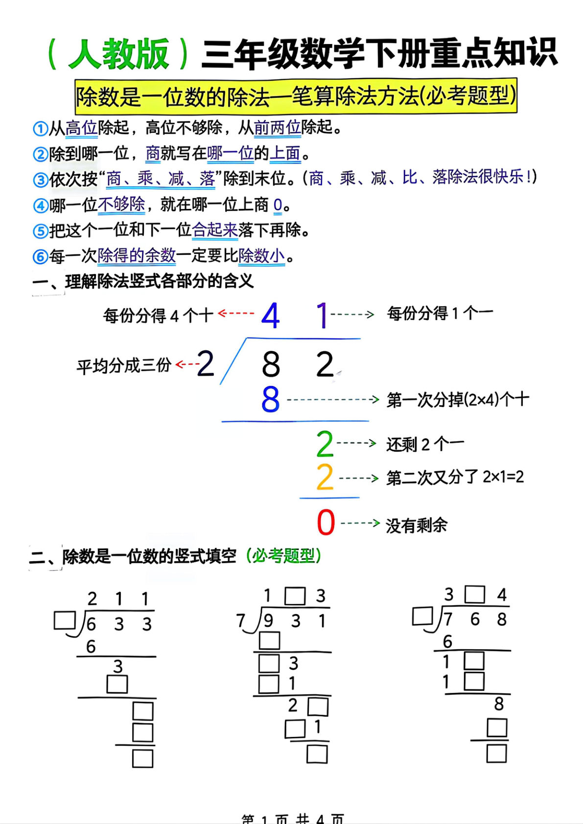 三年级下册数学除数是一位数的除法—笔算除法方法(必考题型)《人教版》