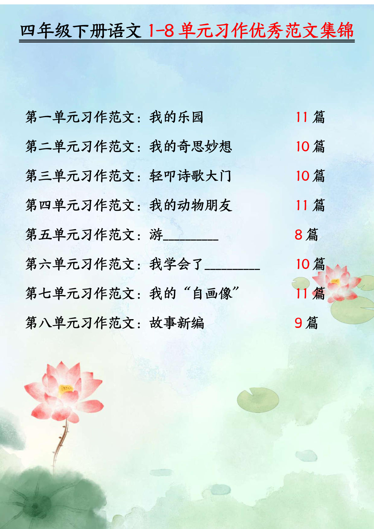 四年级下册语文1-8单元习作优秀范文合集（86页）-鸡娃题库官网-永久免费分享小学教辅资源