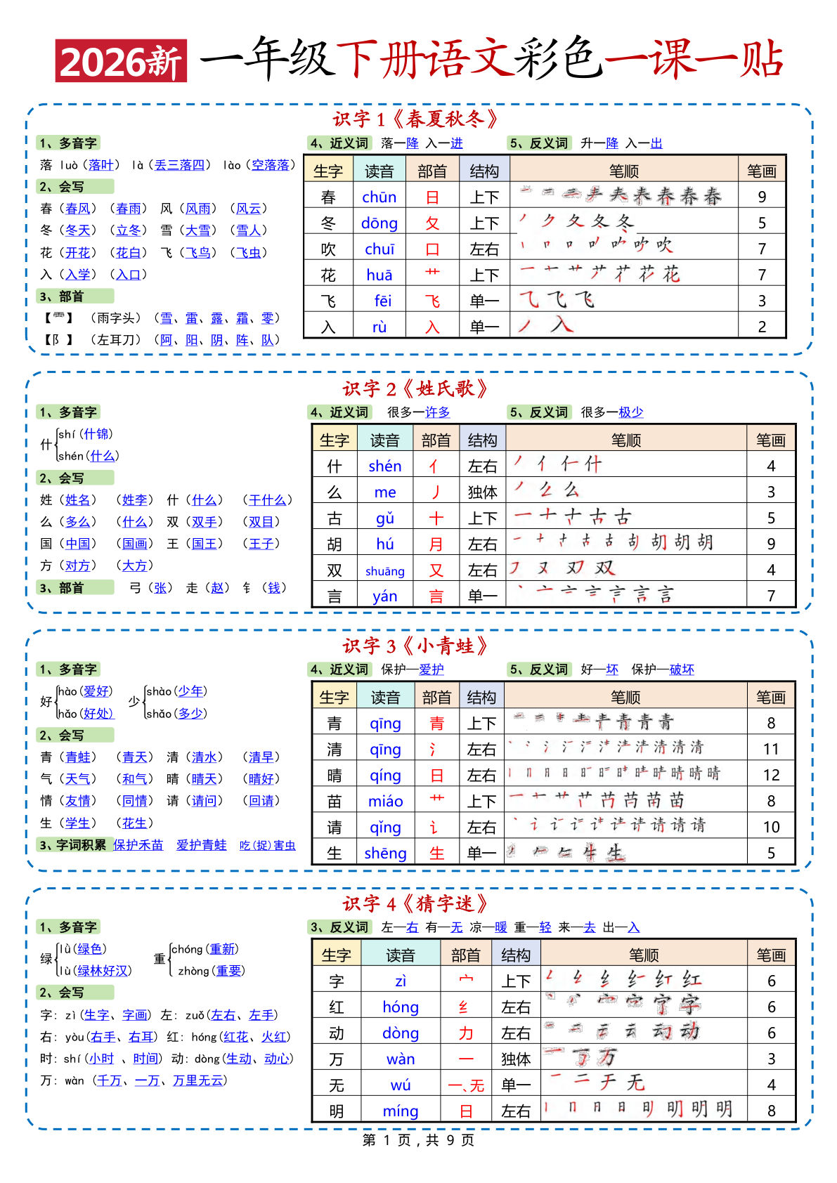 新一年级下册语文 彩色一课一贴-鸡娃题库官网-永久免费分享小学教辅资源