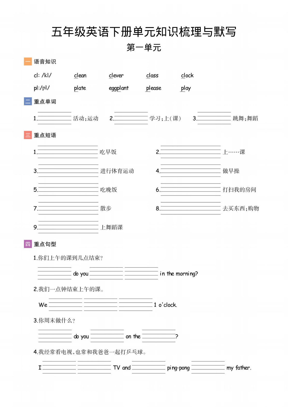 五年级下册英语人教PEP版单元知识梳理语默写-智能训练-鸡娃题库官网-永久免费分享小学教辅资源
