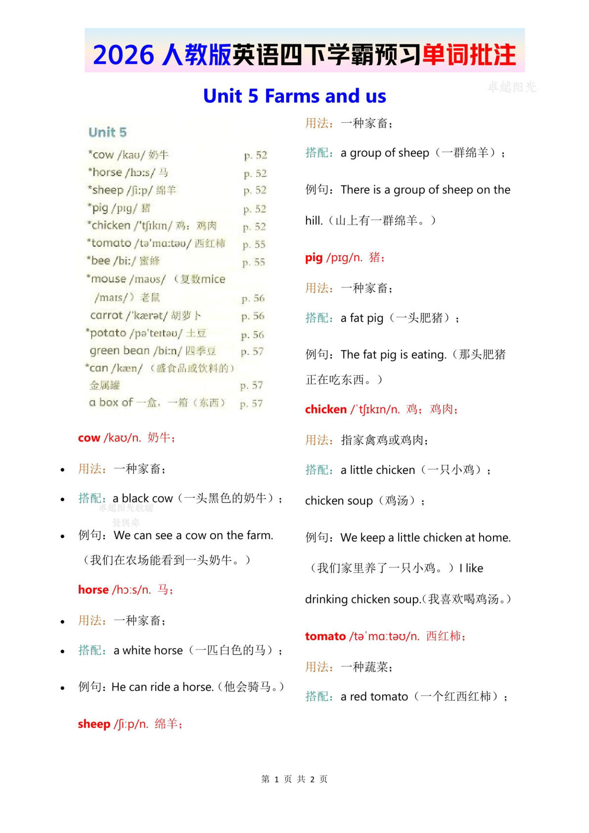 2026春人教版英语四年级下册单词批注（Unit 5）-鸡娃题库官网-永久免费分享小学教辅资源