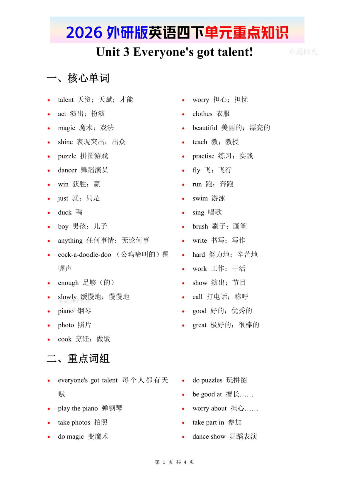 2026春外研版英语四年级下册单元重点知识 Unit 3-鸡娃题库官网-永久免费分享小学教辅资源