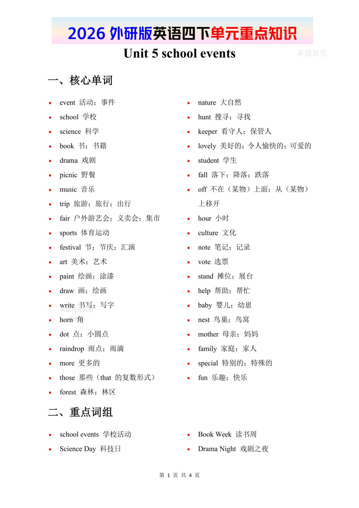 2026春外研版英语四年级下册单元重点知识 Unit 5-鸡娃题库官网-永久免费分享小学教辅资源