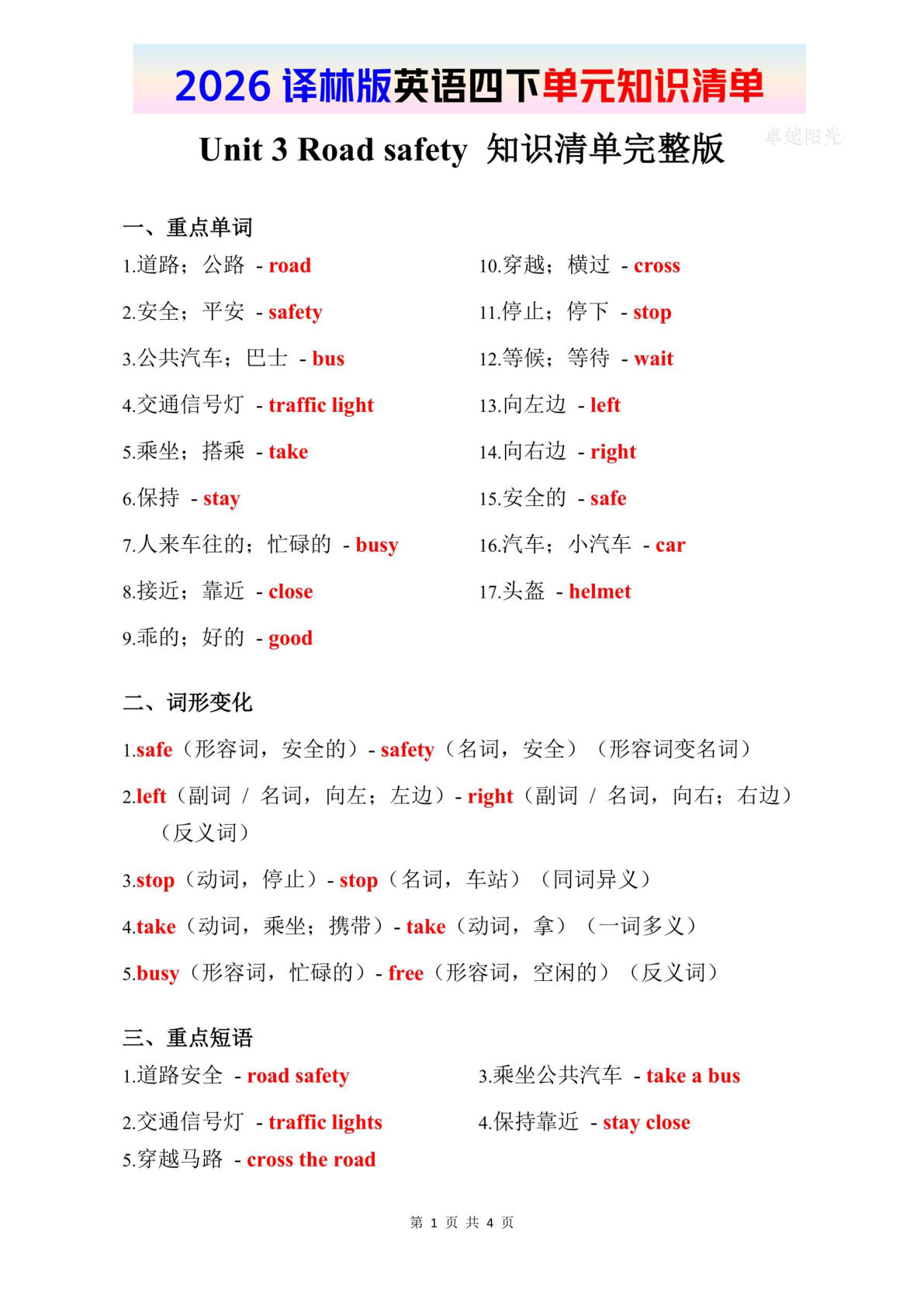 2026春译林版英语四年级下册知识清单 Unit 3-鸡娃题库官网-永久免费分享小学教辅资源