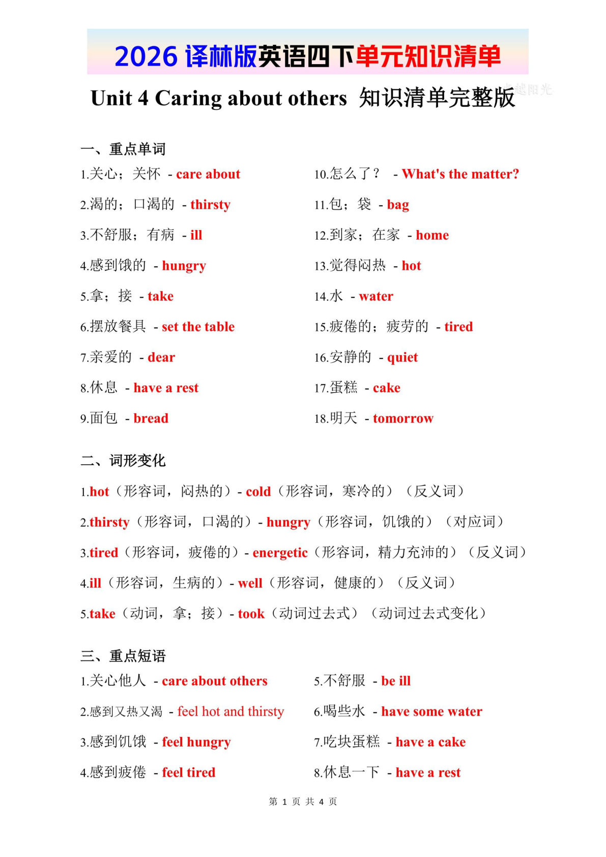 2026春译林版英语四年级下册知识清单 Unit 4-鸡娃题库官网-永久免费分享小学教辅资源