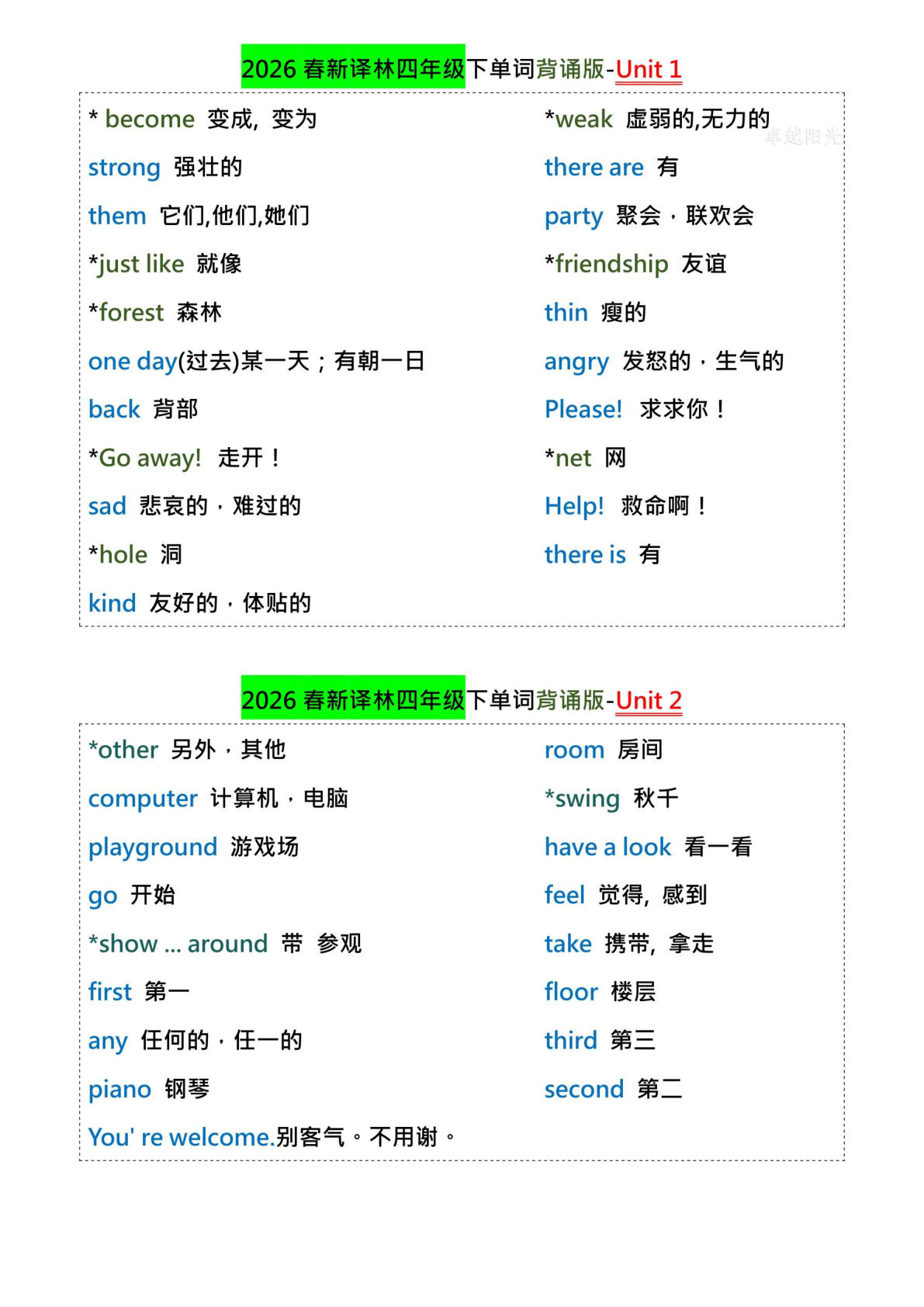 2026春译林版英语四年级下册英语单词背诵版4页-鸡娃题库官网-永久免费分享小学教辅资源