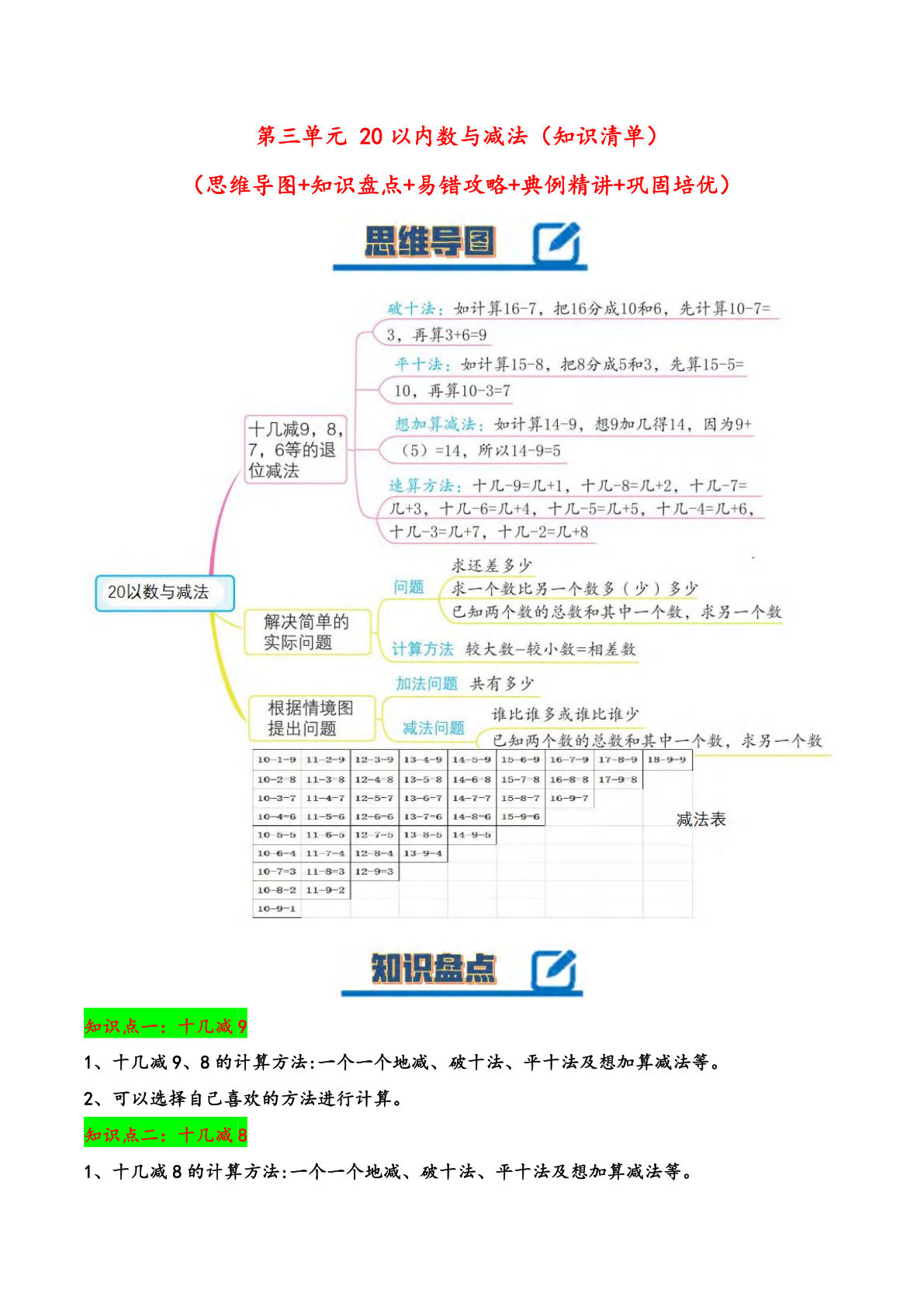 一年级下册北师大数学第三单元 20以内数与减法（知识清单）：（北师大版）-鸡娃题库官网-永久免费分享小学教辅资源