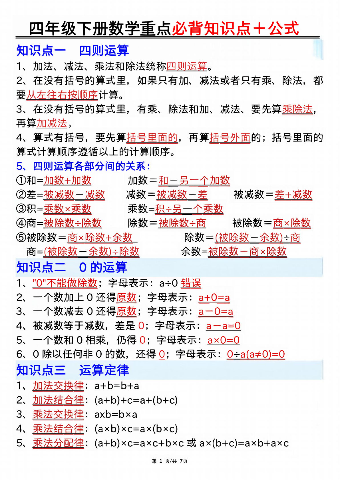 四年级下册数学重点必背知识点十公式-鸡娃题库官网-永久免费分享小学教辅资源