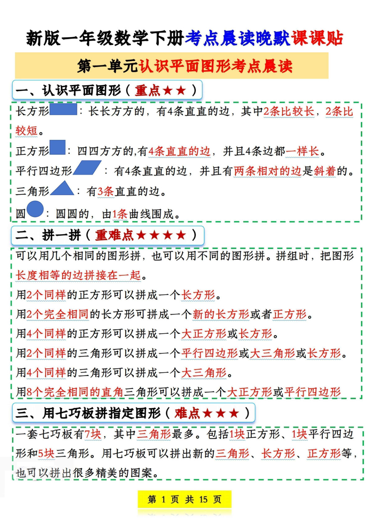 新一年级下册数学考点晨读晚默课课贴15页-鸡娃题库官网-永久免费分享小学教辅资源