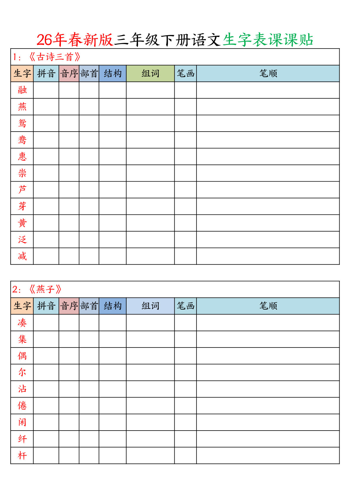 26年三年级下册语文写字表课课贴空白(1)-鸡娃题库官网-永久免费分享小学教辅资源