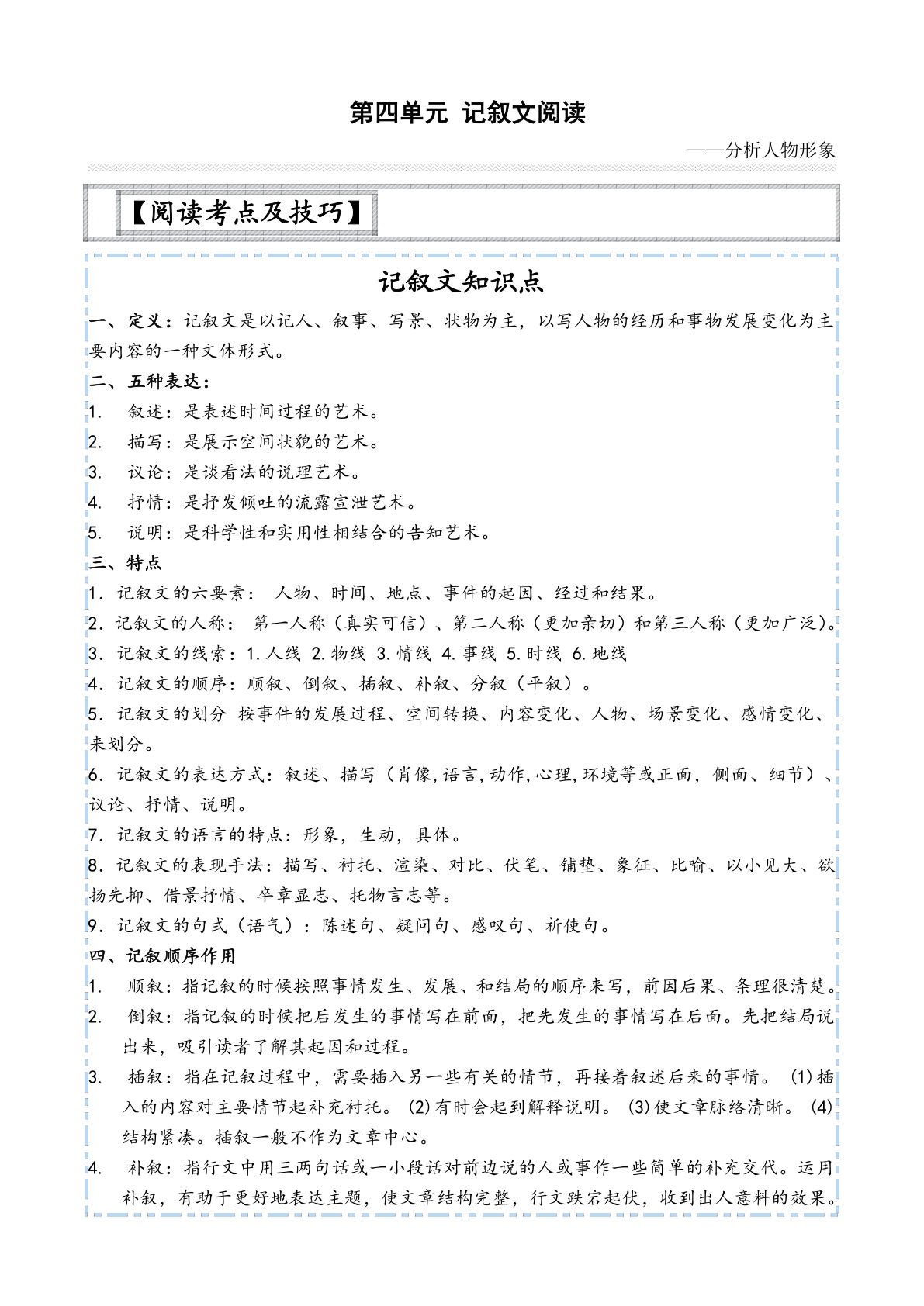 【主题阅读技巧】第四单元：记叙文之人物形象-六年级语文下册-鸡娃题库官网-永久免费分享小学教辅资源