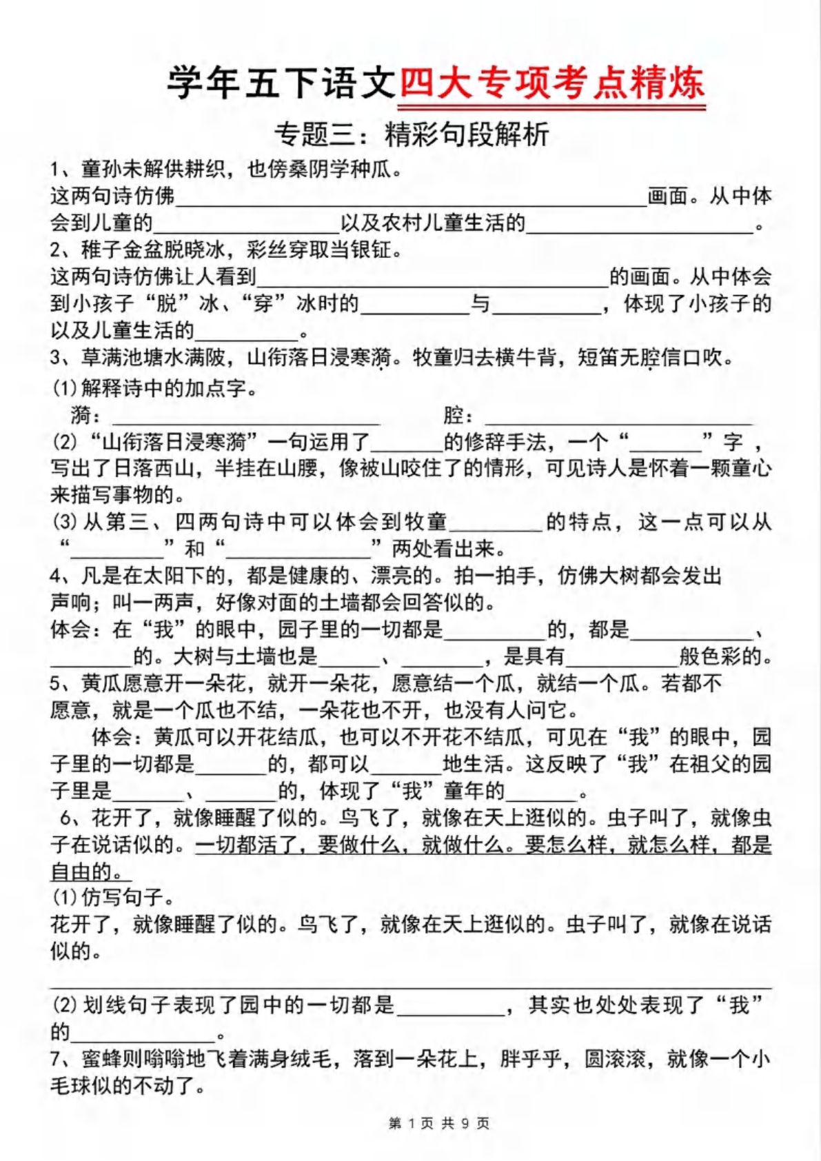 五年级下册语文四大专项考点精炼（专题三：精彩句段解析）-鸡娃题库官网-永久免费分享小学教辅资源