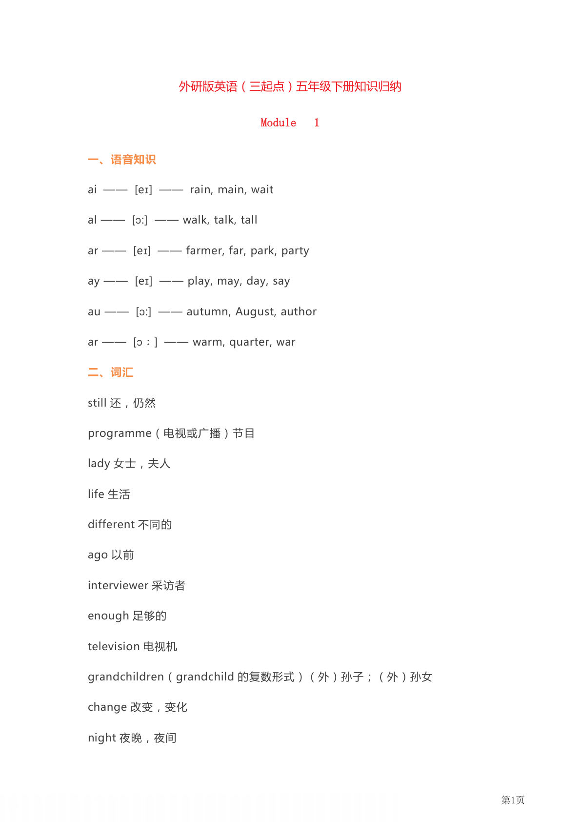 五年级下册英语（外研三起）单元知识要点