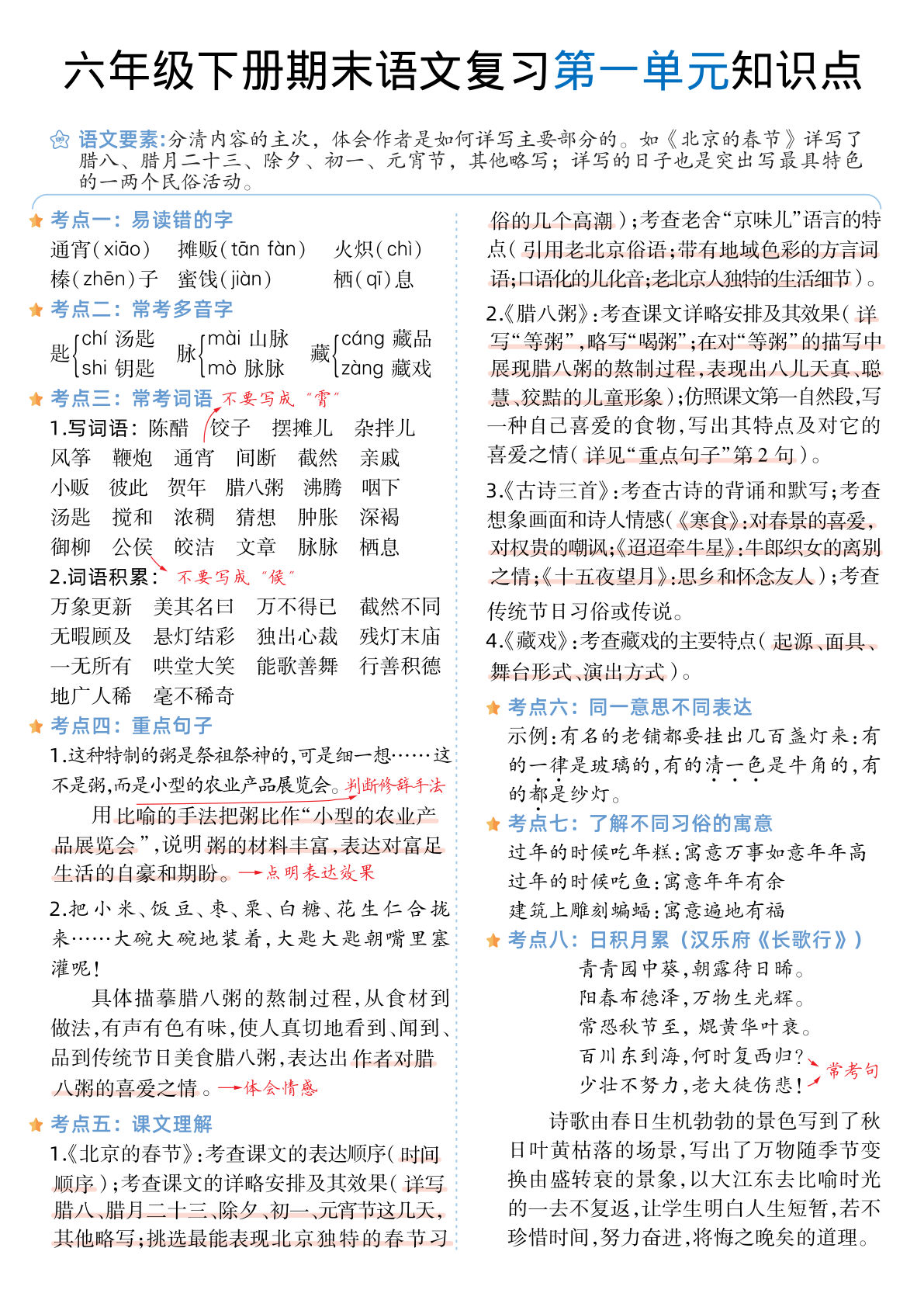 六年级下册丨语文 1-6单元单元知识点 (1)