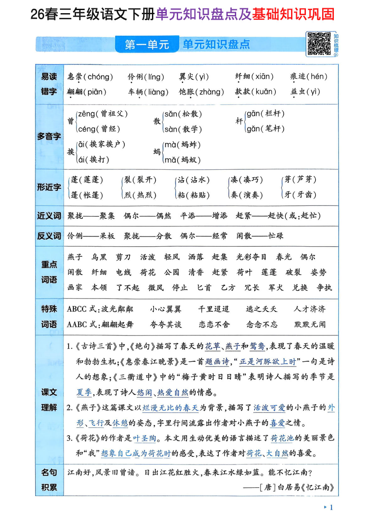 26春三年级下册语文1-8单元知识盘点+基础知识巩固24页-鸡娃题库官网-永久免费分享小学教辅资源