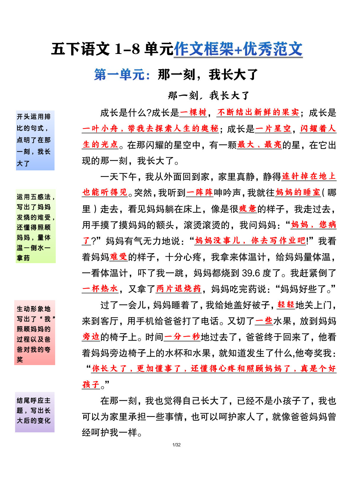 五年级下册1-8单元作文框架指导＋范文-鸡娃题库官网-永久免费分享小学教辅资源