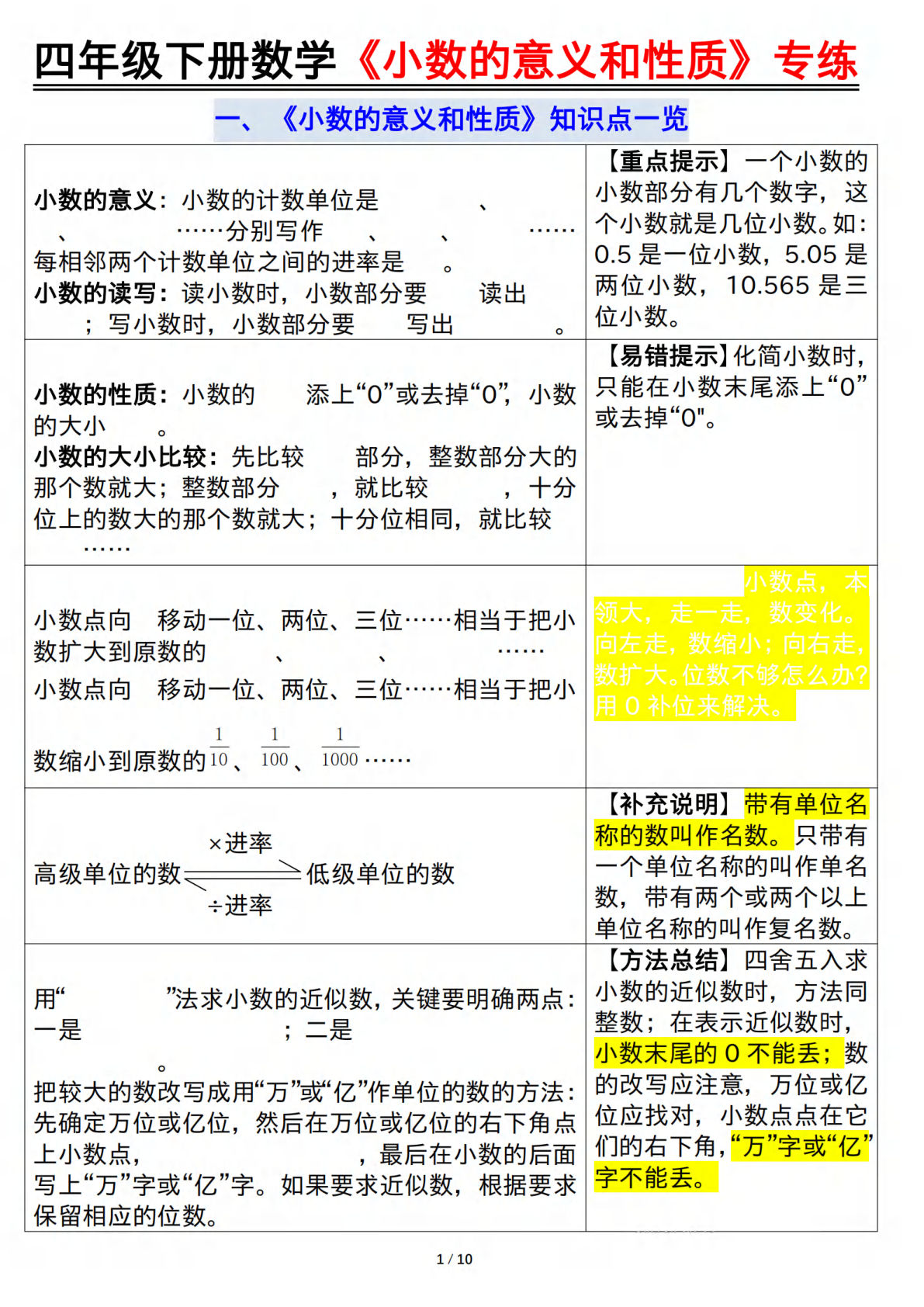 四年级下册数学小数的意义和性质专练-仔仔题库