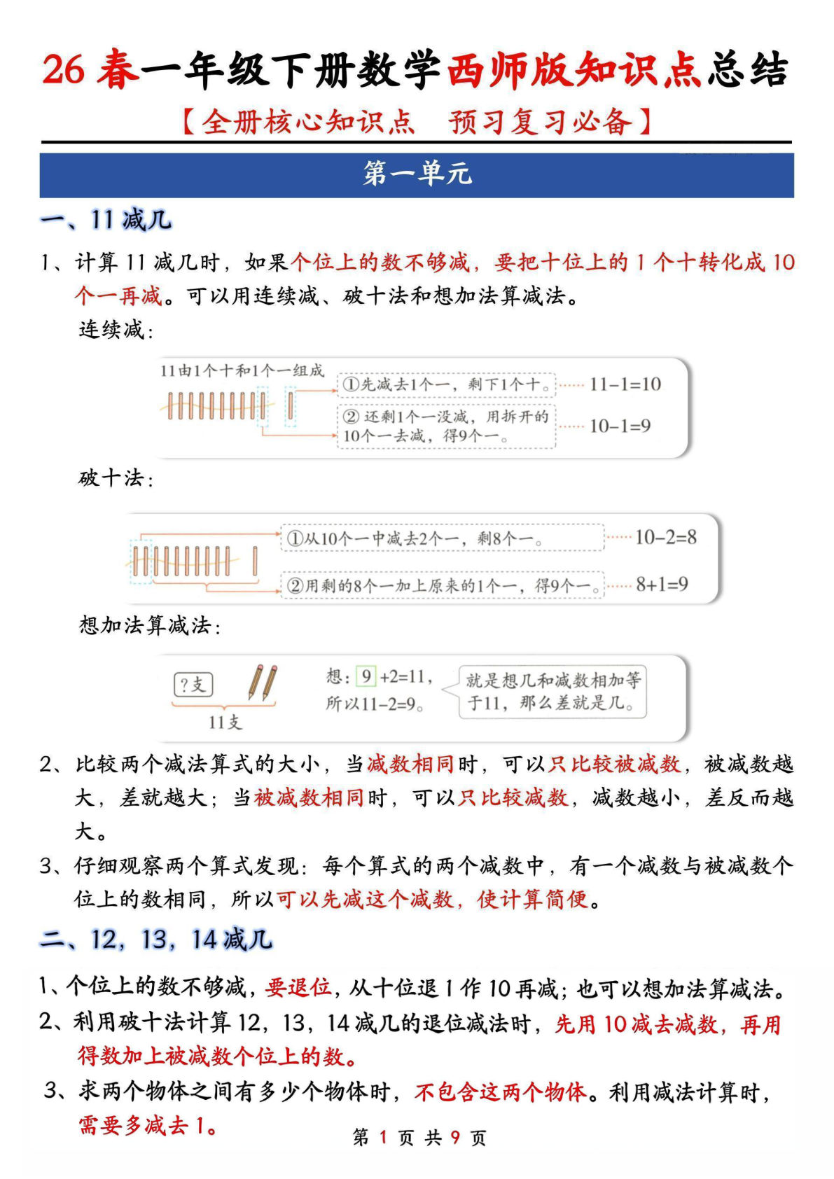 一年级下册西师版数学全册知识点汇总，仔仔题库
