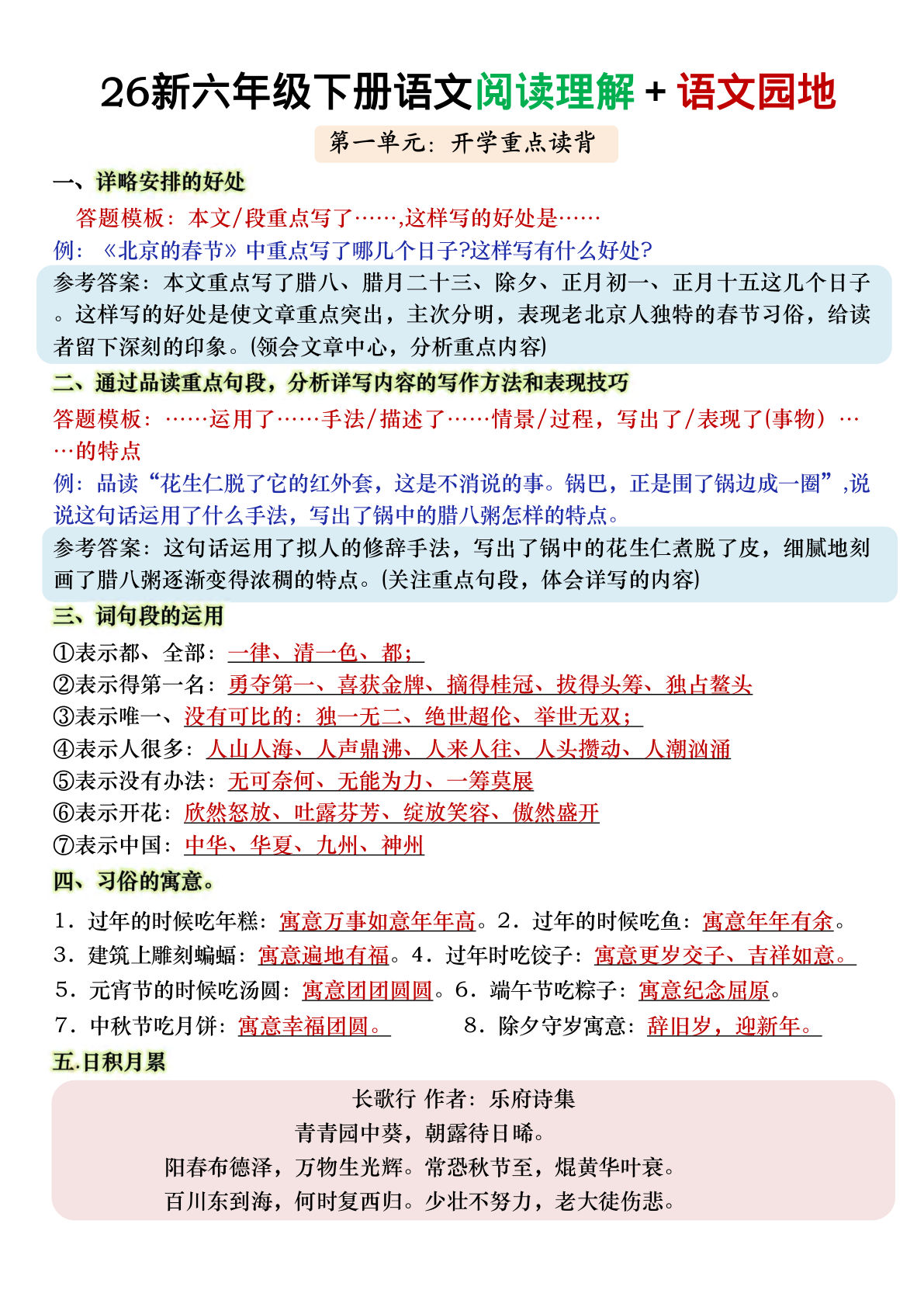 六年级下册语文【阅读理解＋语文园地】