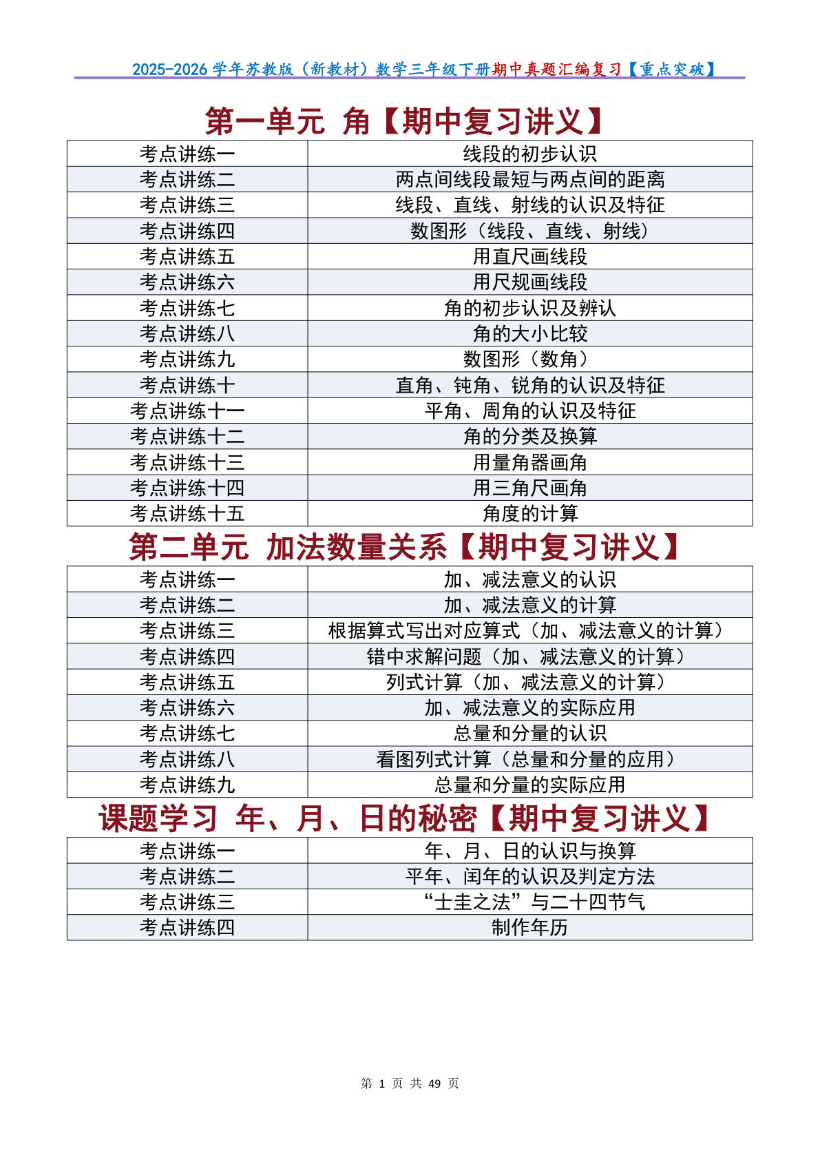 三年级下册期中复习讲义(苏教版)49页原卷版01-仔仔题库