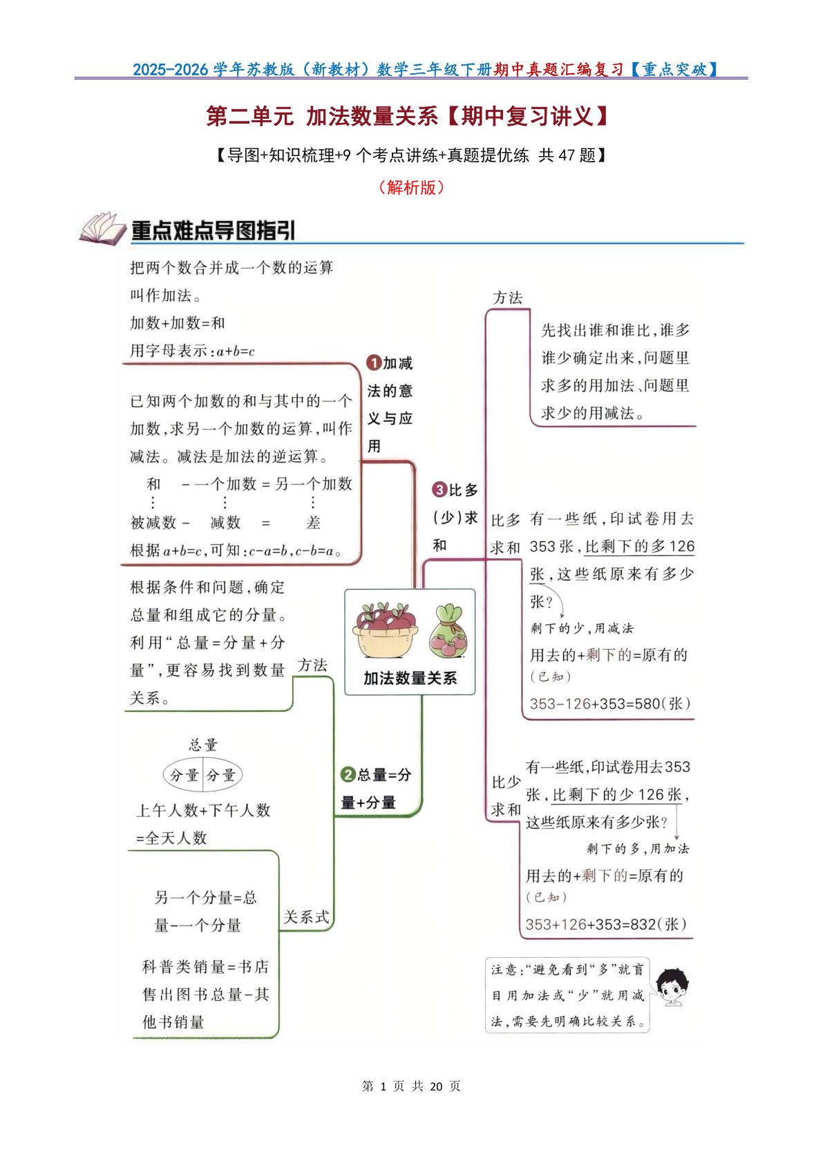 三年级下册苏教版数学第二单元加法数量关系期中复习