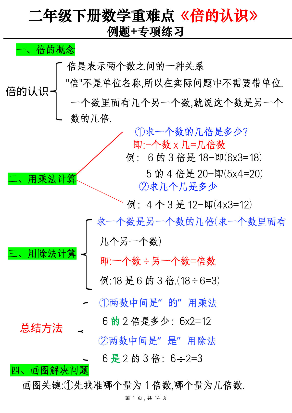 二年级数学《倍的认识》例题+专项练习（含答案14页）-仔仔题库