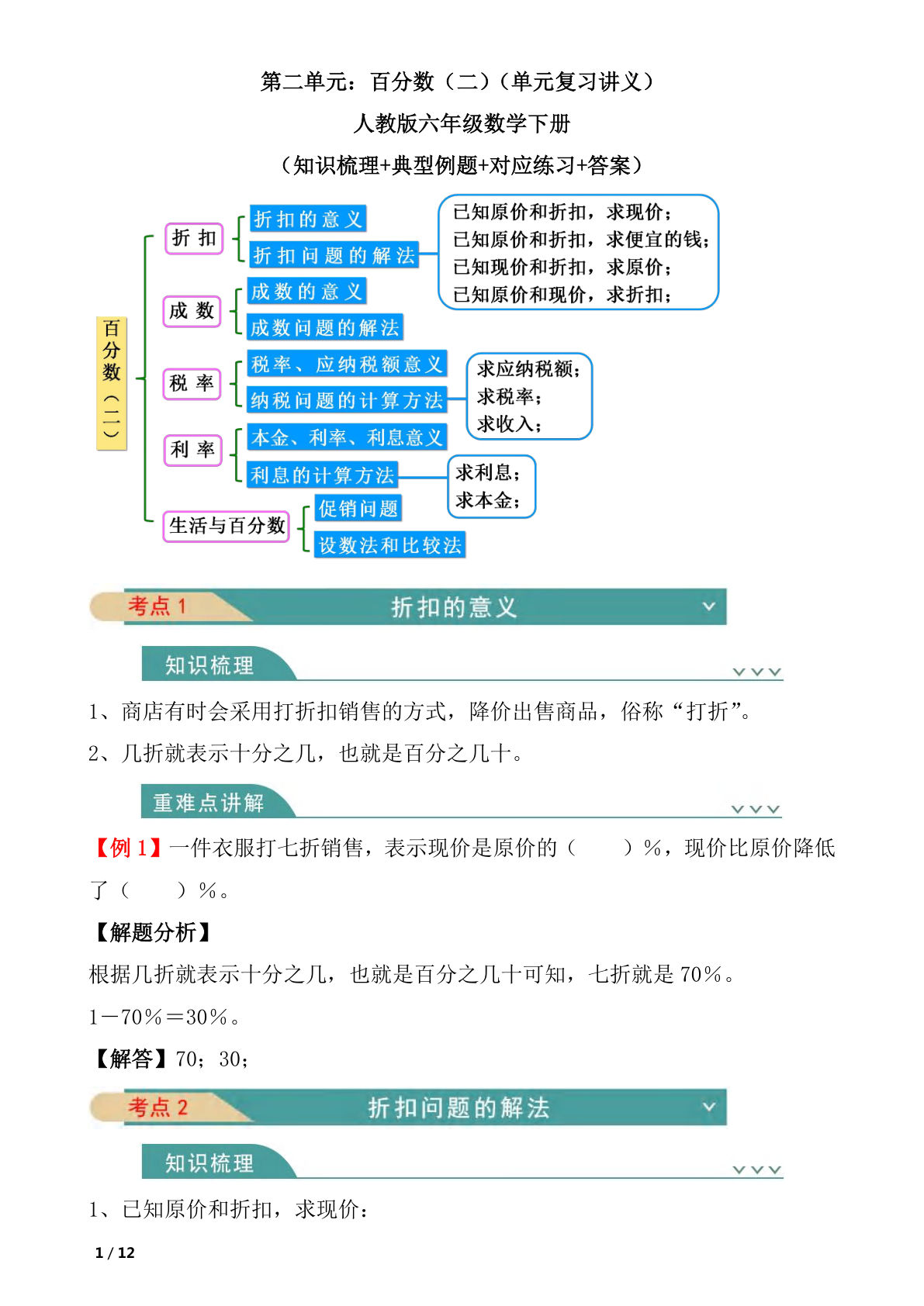 六年级下册数学第二单元百分数知识清单（人教版）-仔仔题库