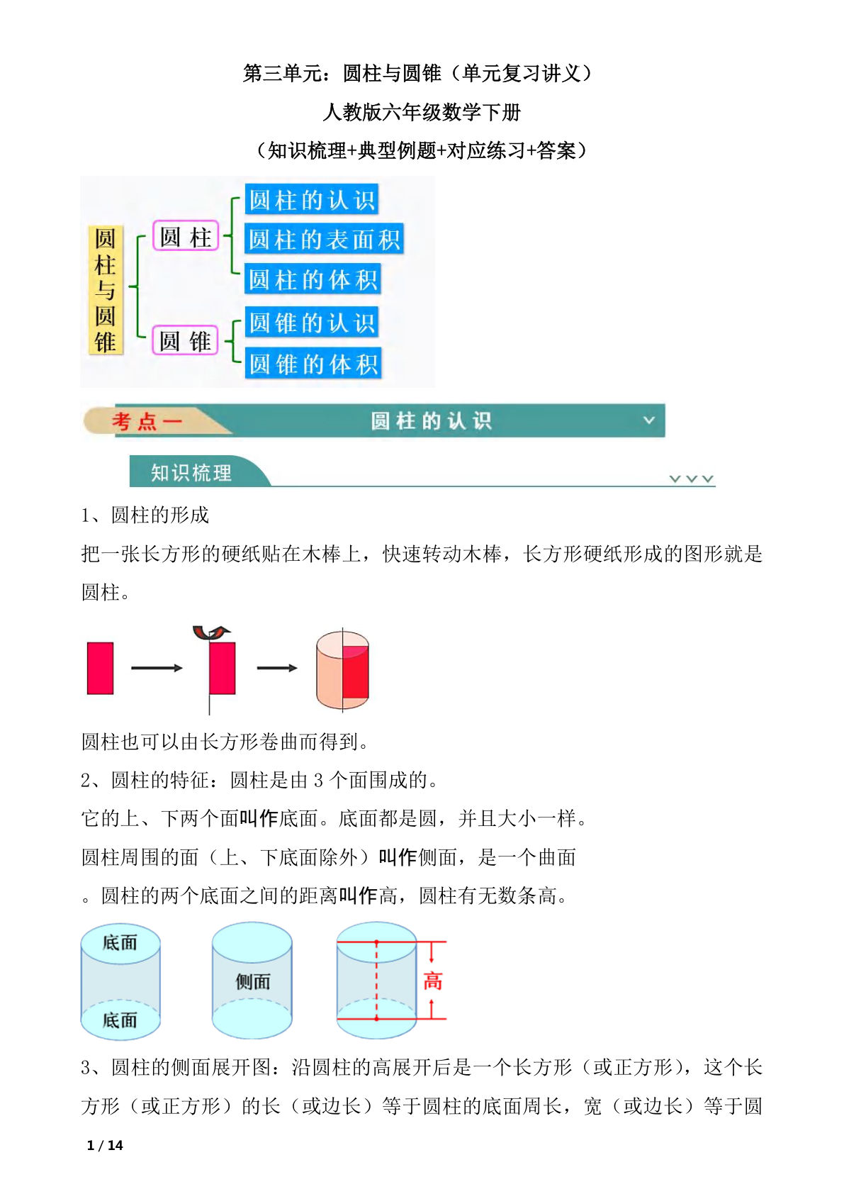 六年级下册圆柱与圆锥知识清单，人教版数学第三单元必考点