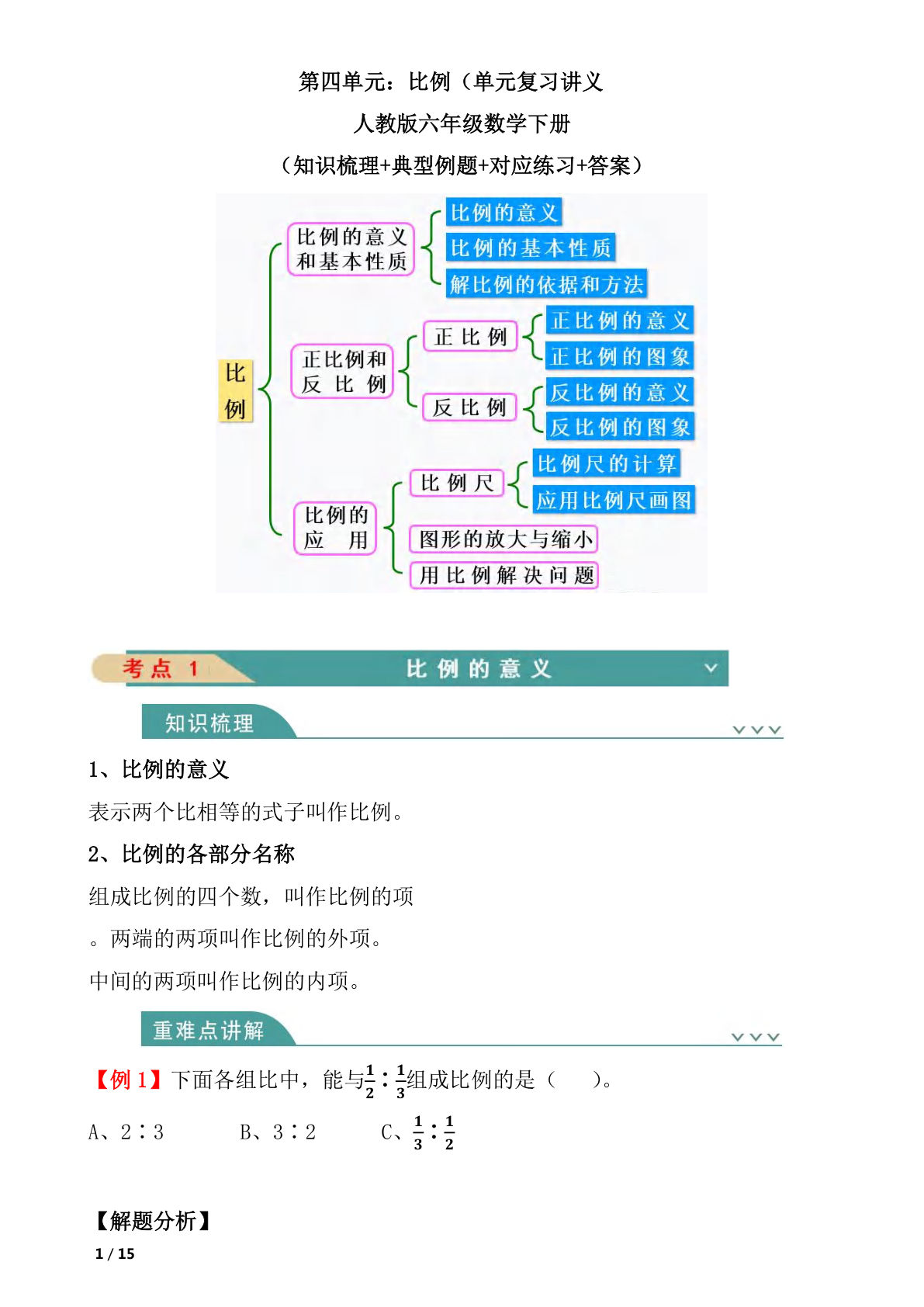 六年级下册数学比例知识清单，人教版必考重点速记