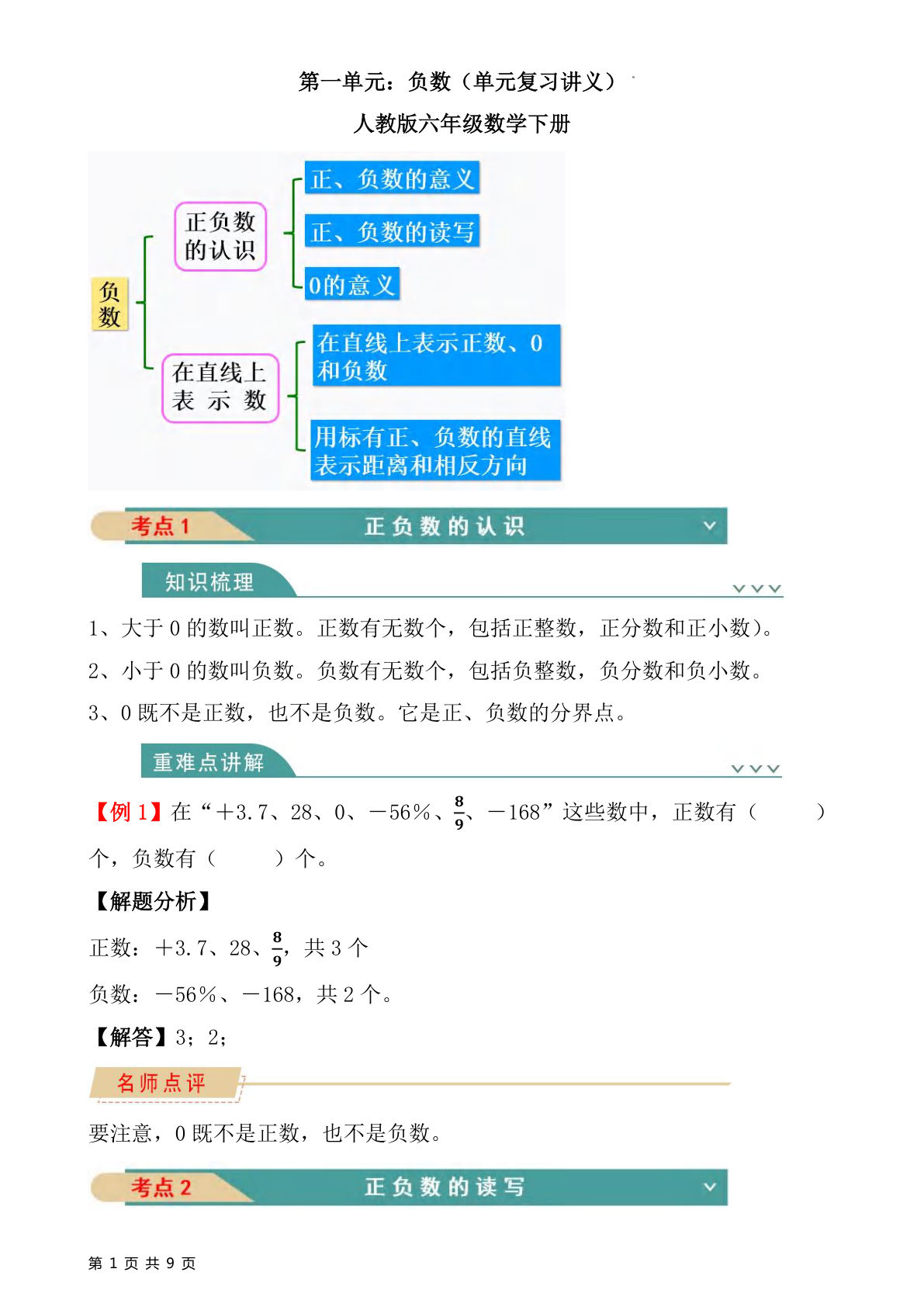 六年级下册数学负数知识清单《人教版》必考要点