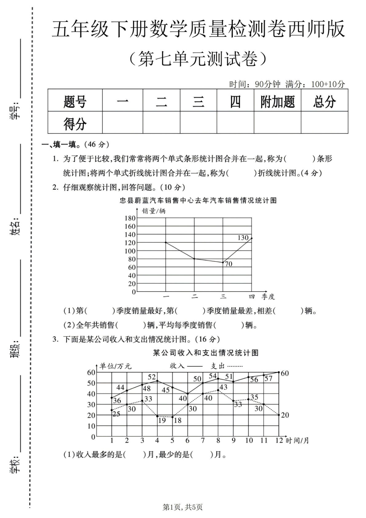 五年级下册数学第七单元检测卷《西师版》附答案-仔仔题库