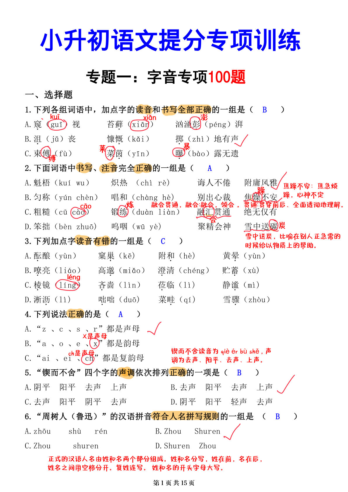 小升初语文提分专练：字音解析（六年级下册）