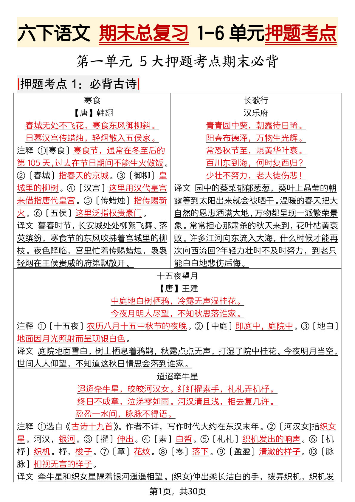 六年级下册语文期末押题考点1-6单元汇总（30页）-仔仔题库