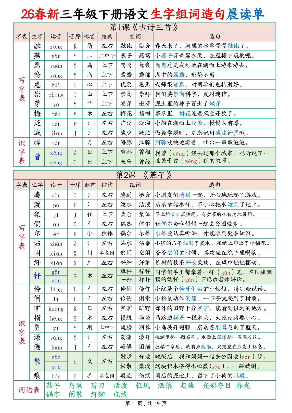 26春新三年级语文下册生字组词造句晨读单19页