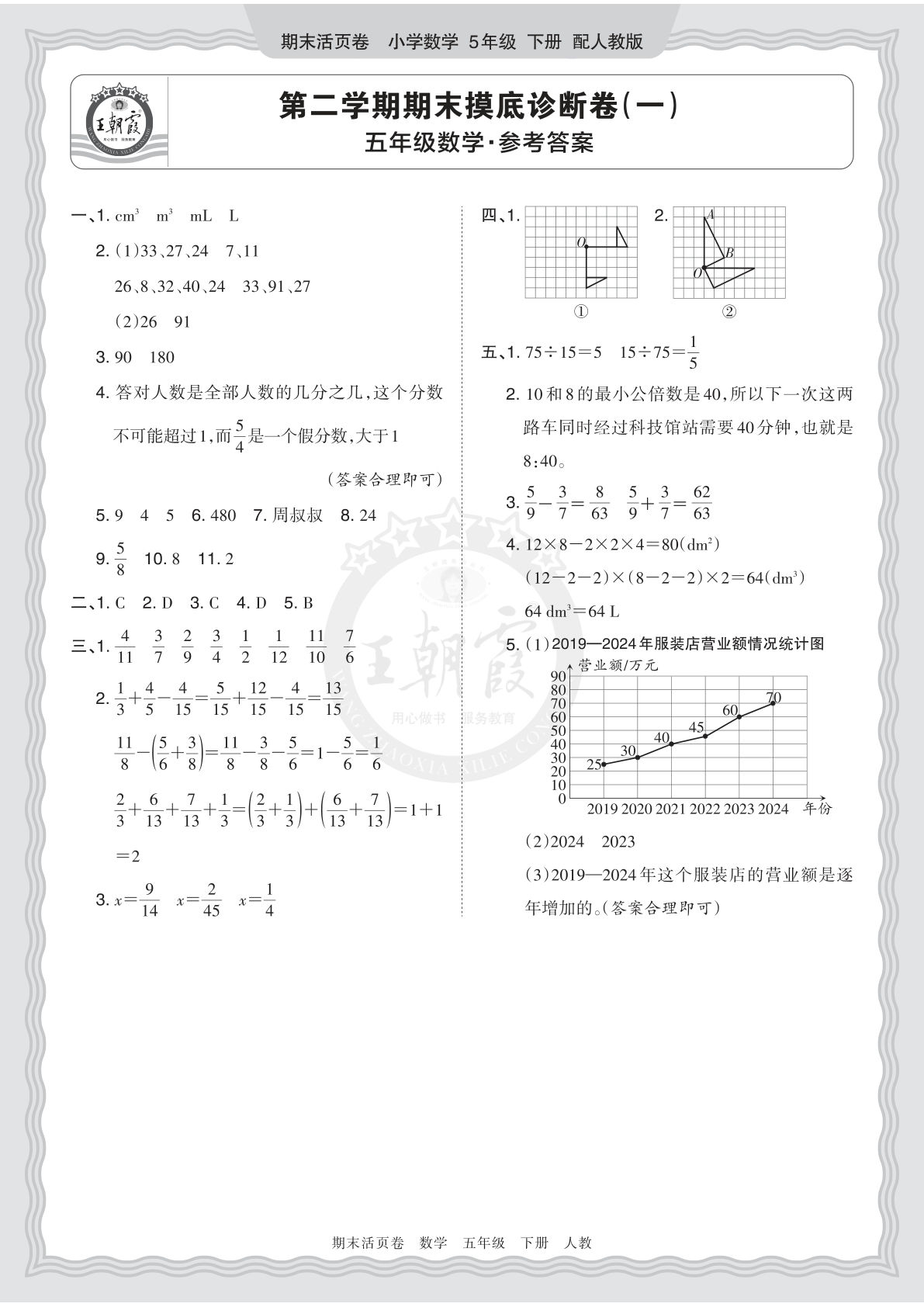 五年级下册人教数学期末摸底诊断卷（一）答案-仔仔题库
