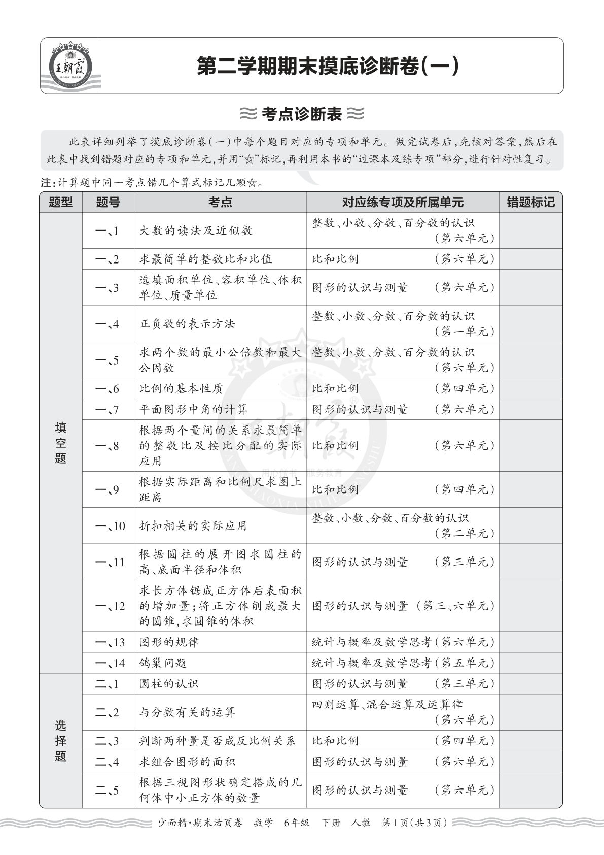 26年六下人教版数学期末考点诊断卷（一）仔仔题库