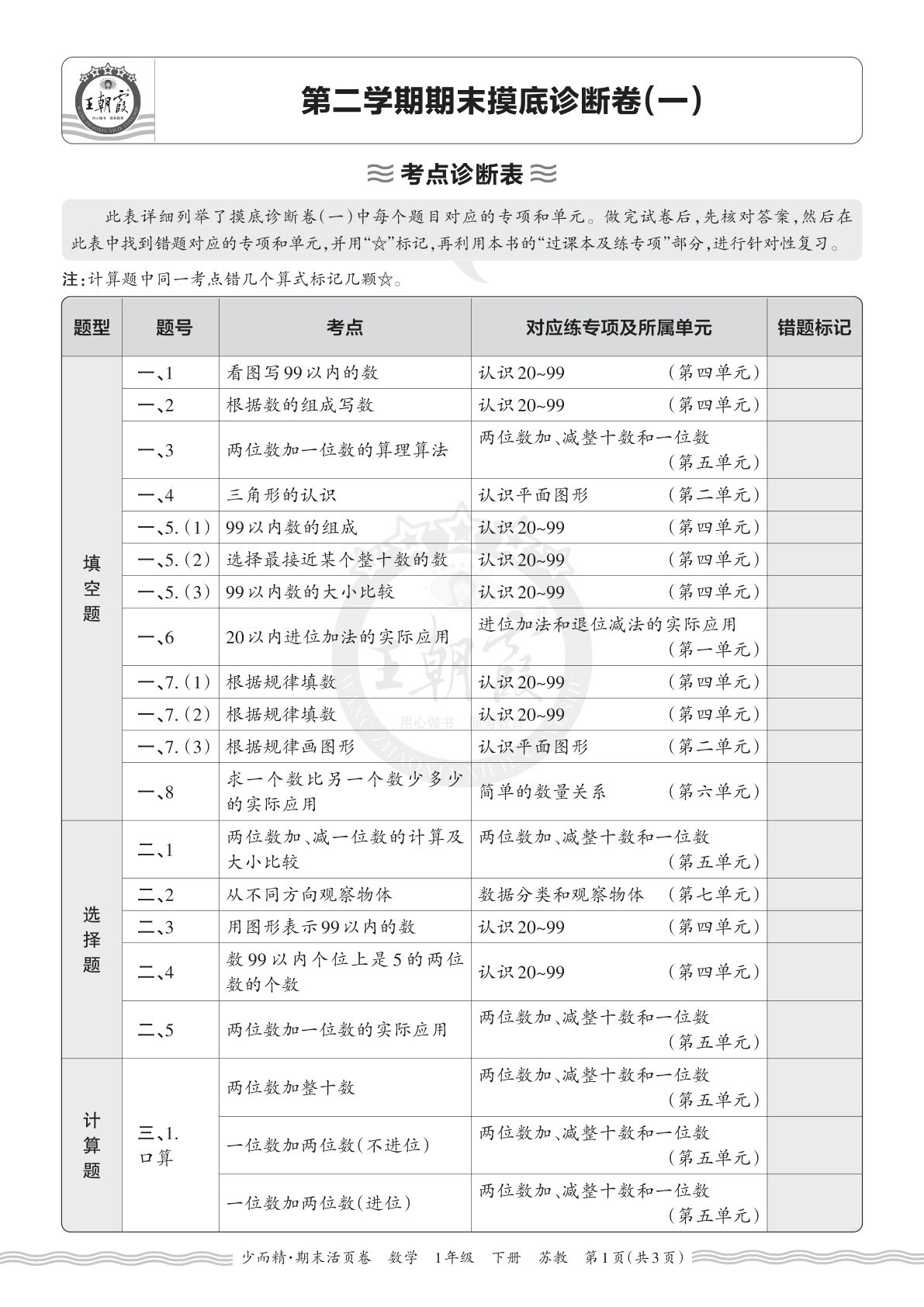 26年一年级下册语文数学期末考点诊断卷（一）仔仔题库