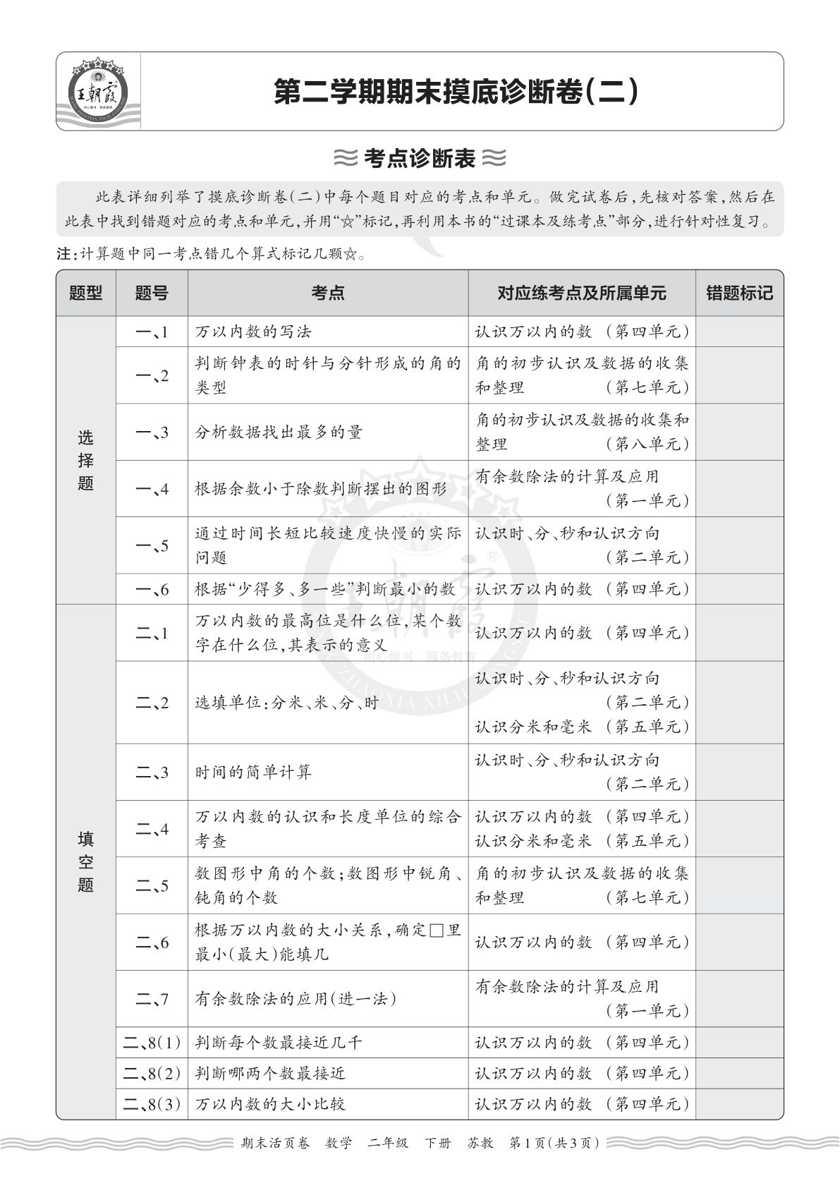 26年二年级下册苏教数学期末考点诊断卷（二）仔仔题库