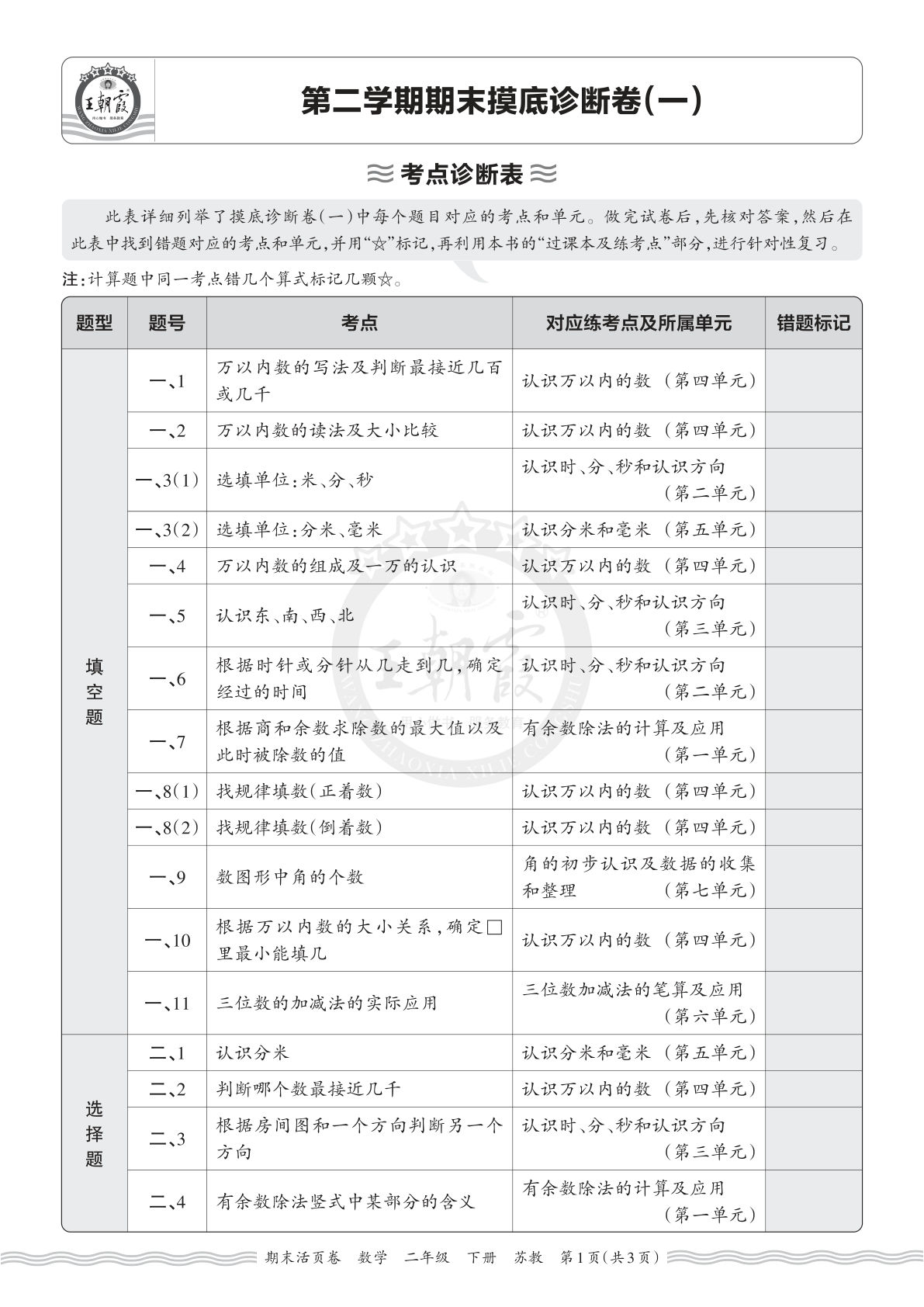 26年二年级下册苏教数学期末考点诊断卷（一）仔仔题库