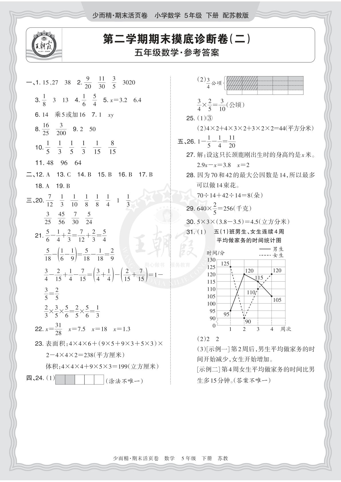 五年级下册苏教数学期末摸底诊断卷(二)答案-仔仔题库