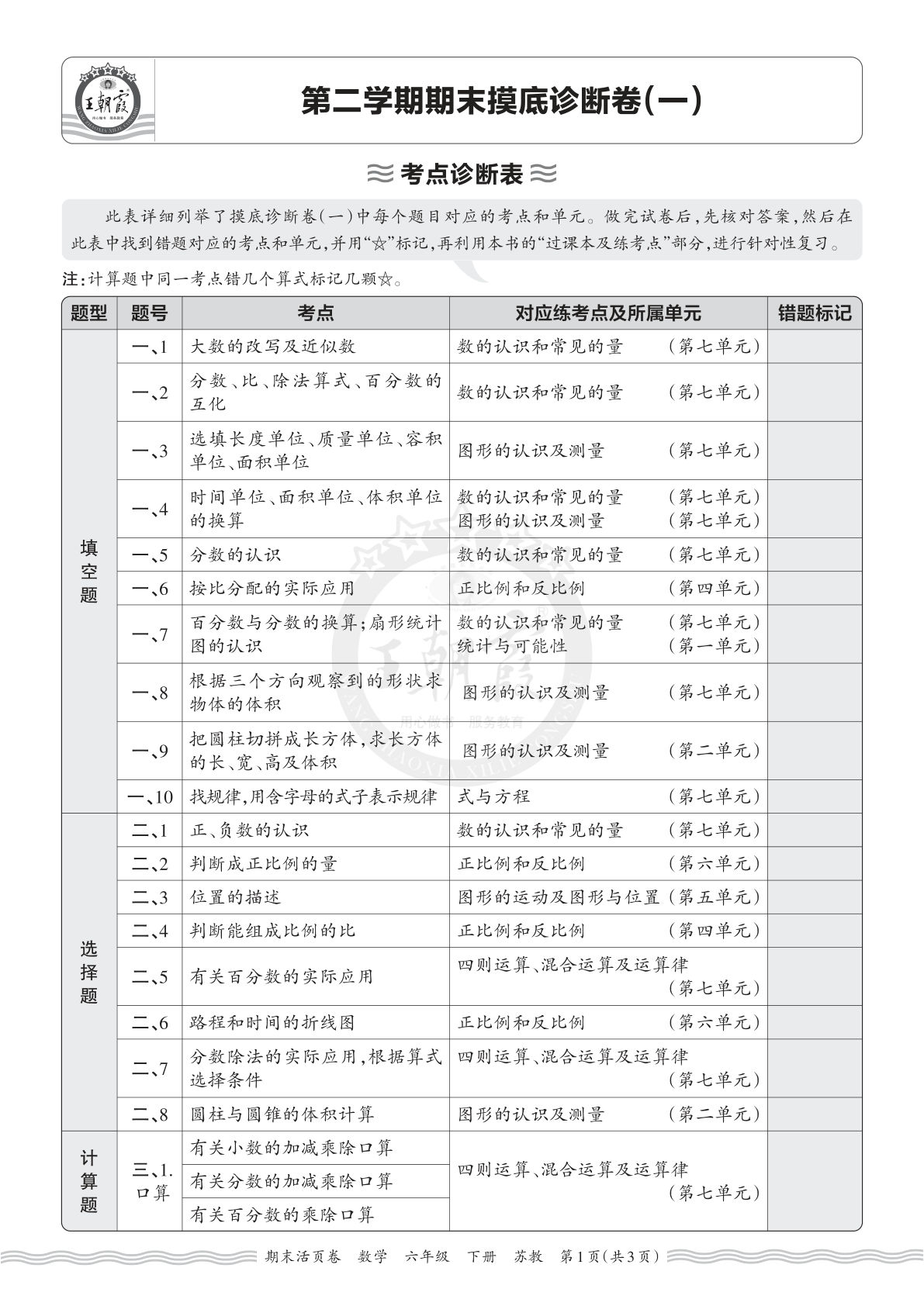 六年级下册苏教数学期末考点诊断表(一) 仔仔题库