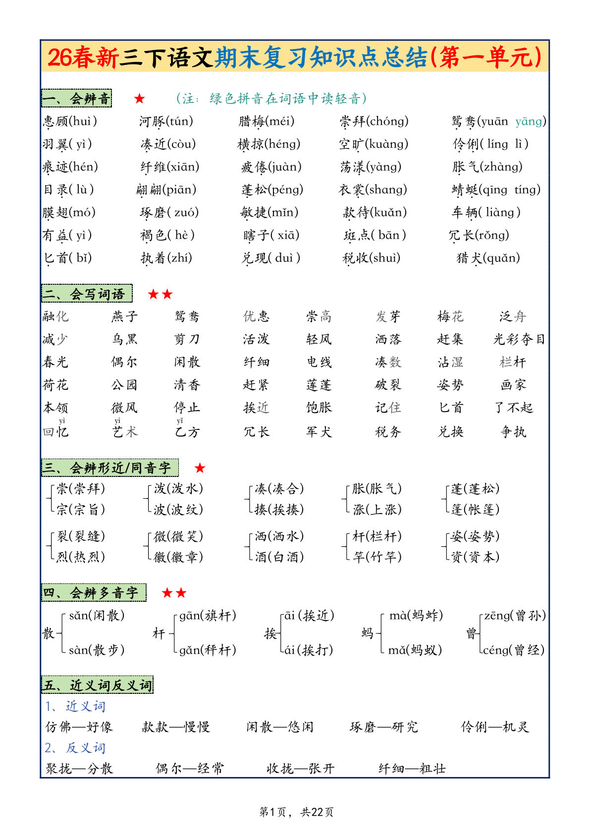 三年级下册语文期末复习知识点汇总（1-8单元22页全）